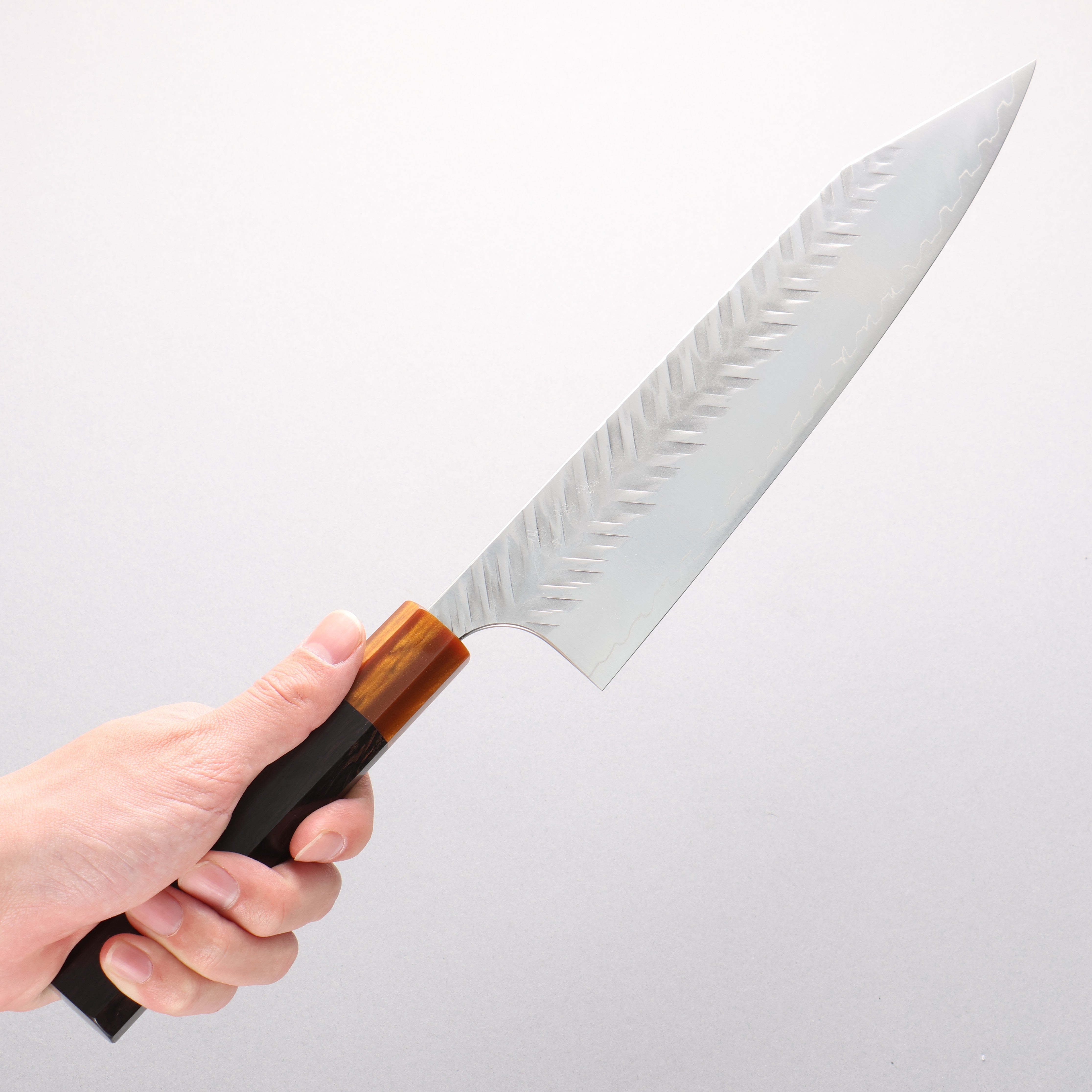 Yoshimi Kato SPG STRIX Hammered (V) Kiritsuke Gyuto 240mm Ebony (ferrule: Orange Resin) Handle - Seisuke Knife
