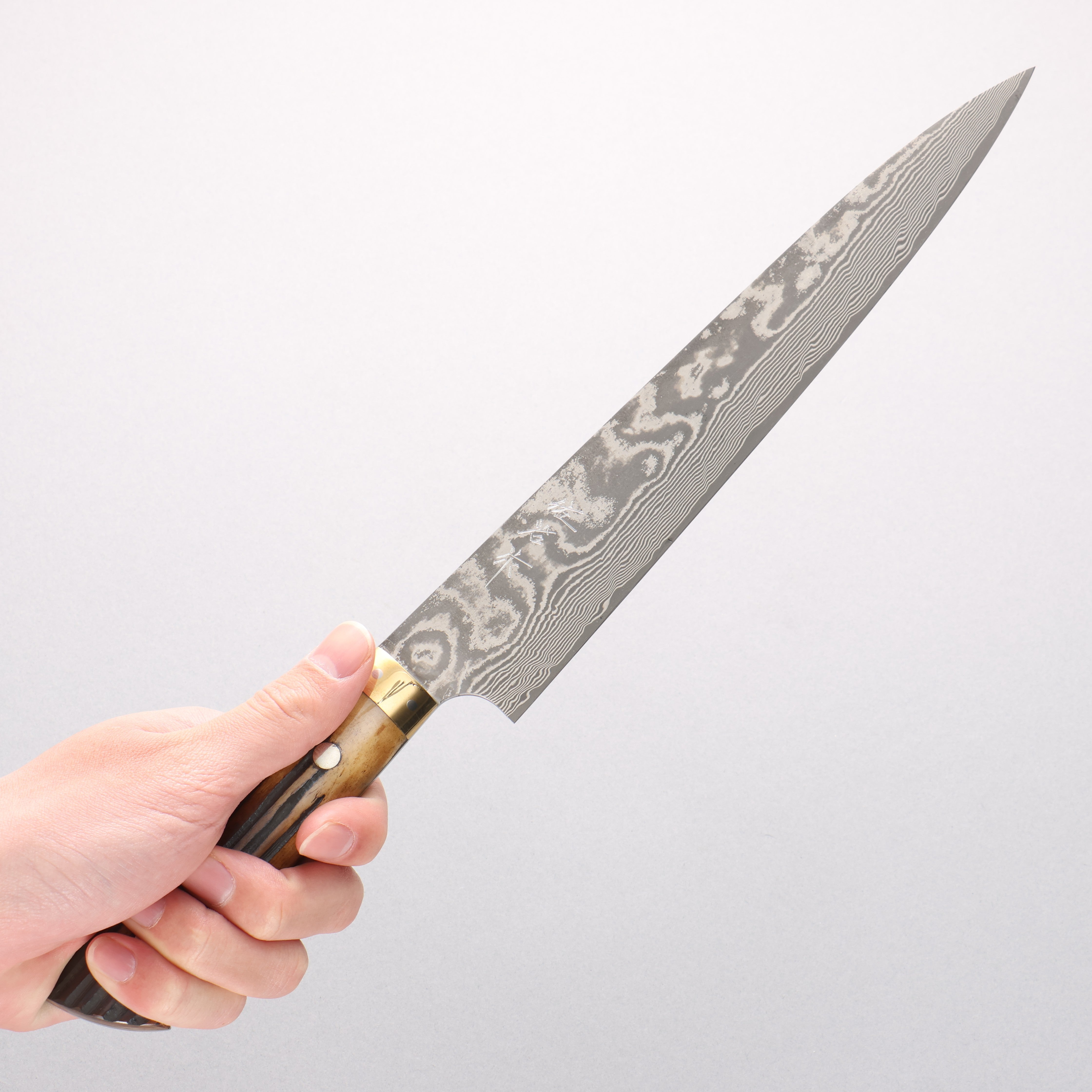 Takeshi Saji VG10 Black Damascus Sujihiki 240mm Brown Deer Horn Handle - Seisuke Knife
