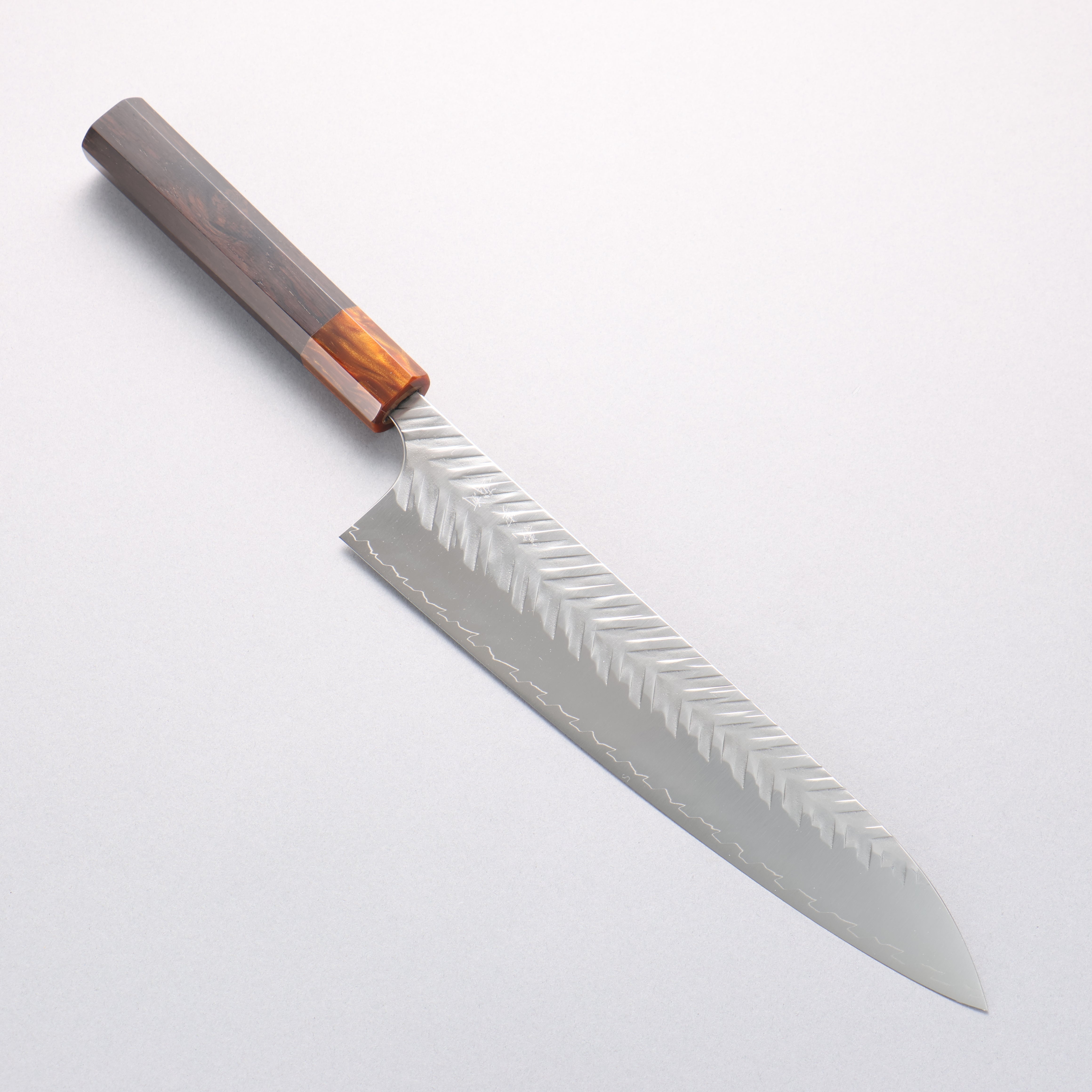 Yoshimi Kato SPG STRIX Hammered (V) Gyuto 240mm Ebony (ferrule: Orange Resin) Handle - Seisuke Knife