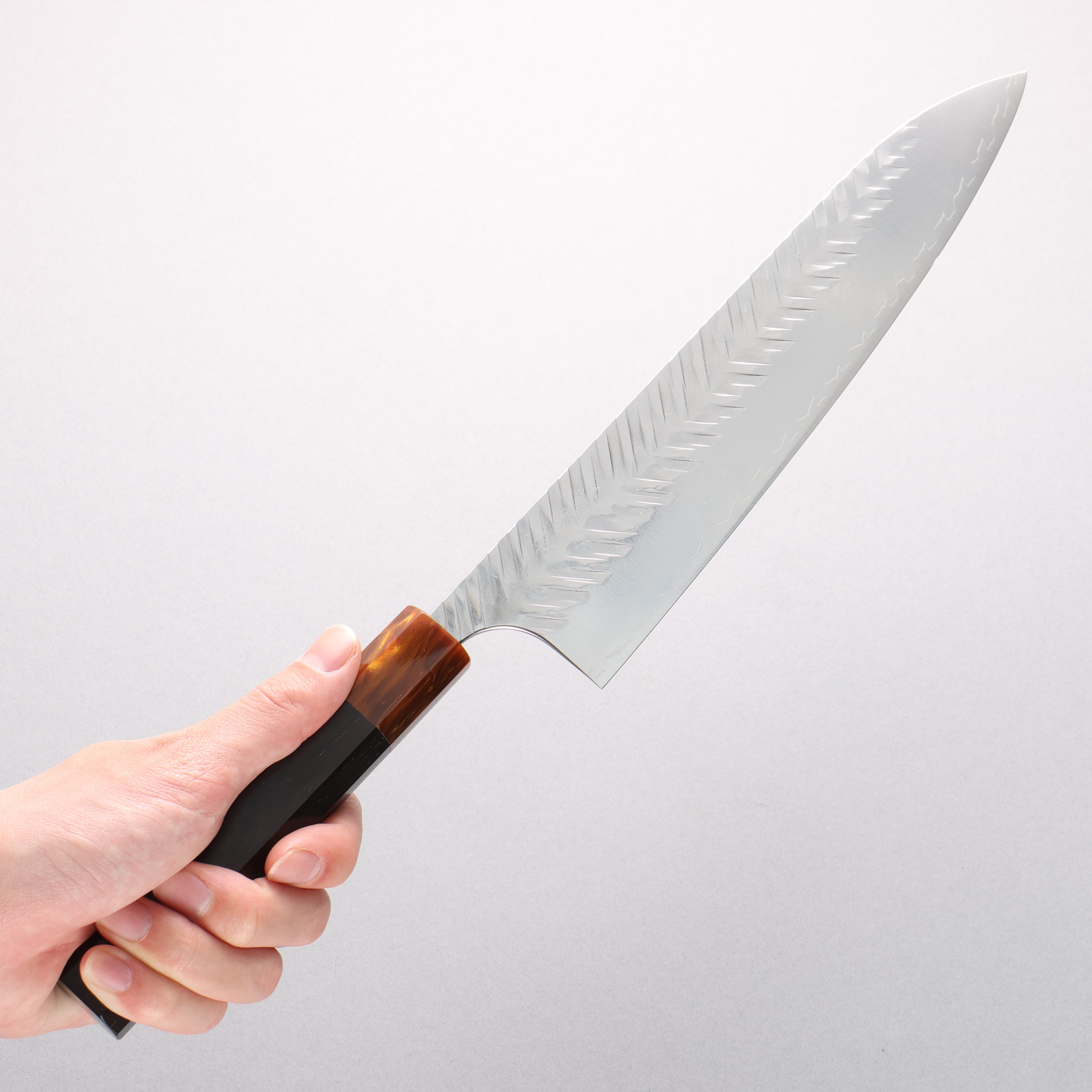 Yoshimi Kato SPG STRIX Hammered (V) Gyuto 240mm Ebony (ferrule: Orange Resin) Handle - Seisuke Knife