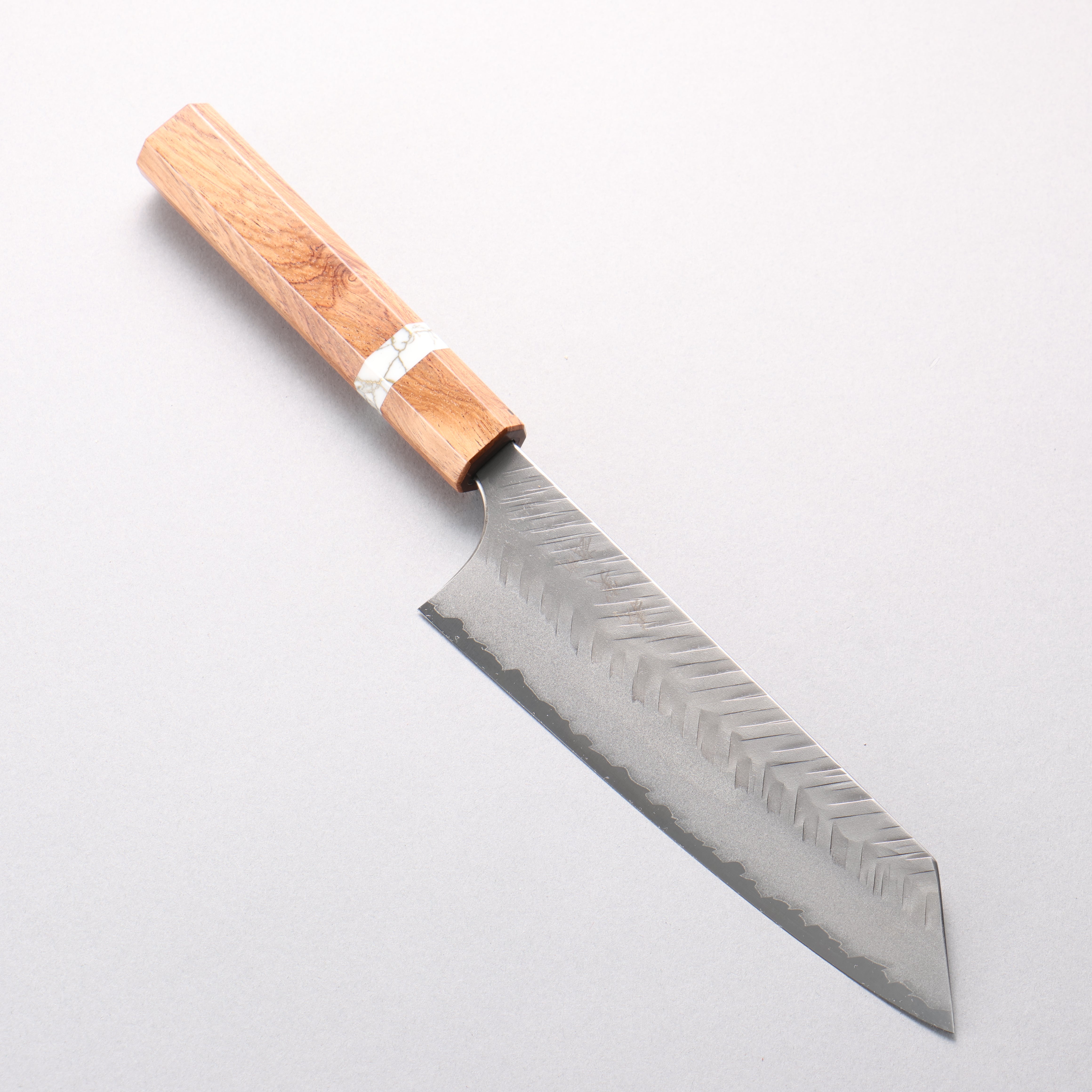 Yoshimi Kato Blue Super Nashiji V-Hammered Bunka 170mm Rosewood & White Turquoise Ring Handle - Seisuke Knife