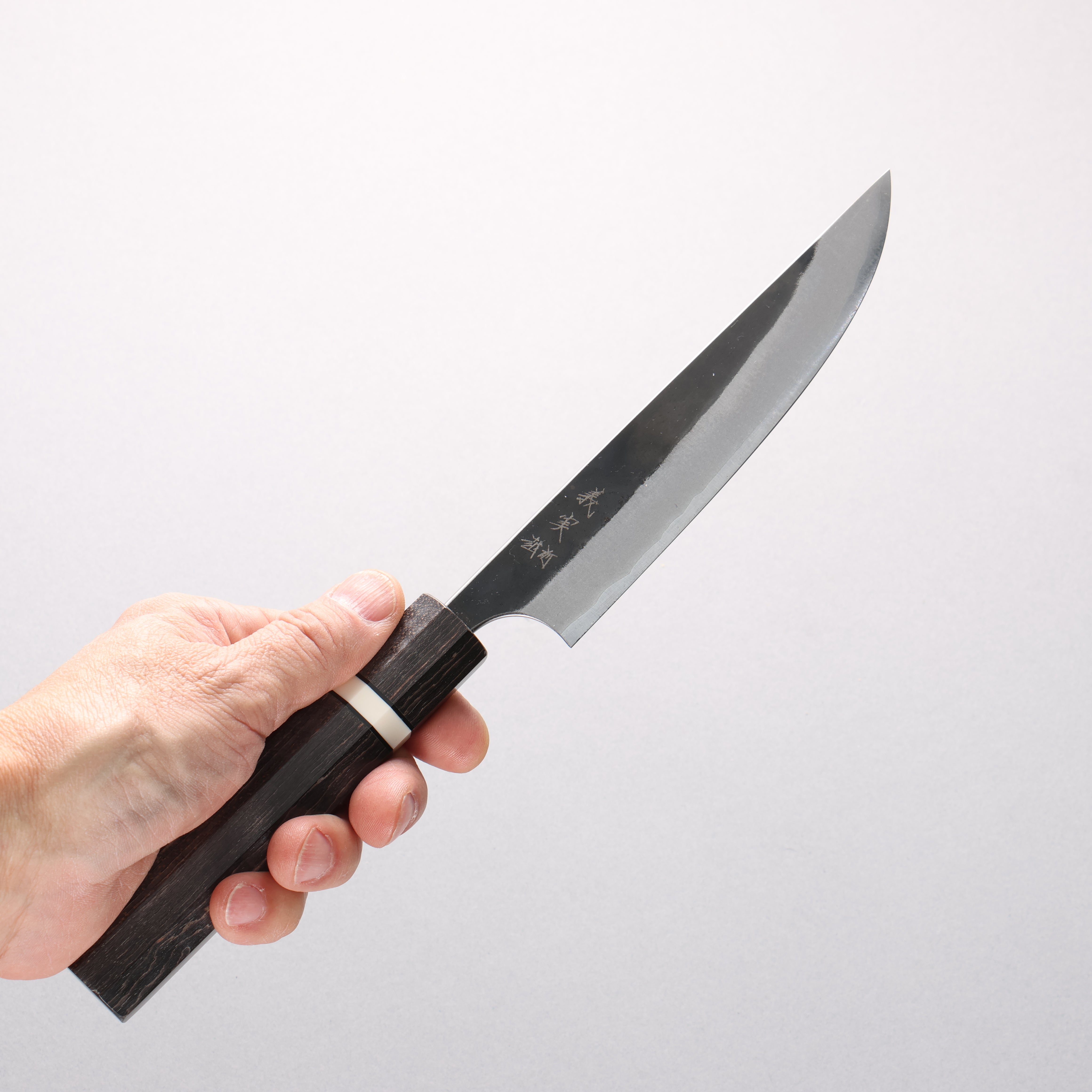 Yoshimi Kato Blue Super Kurouchi Kengata Petty-Utility 170mm Gray Stabilized Wood & White Ring Handle - Seisuke Knife