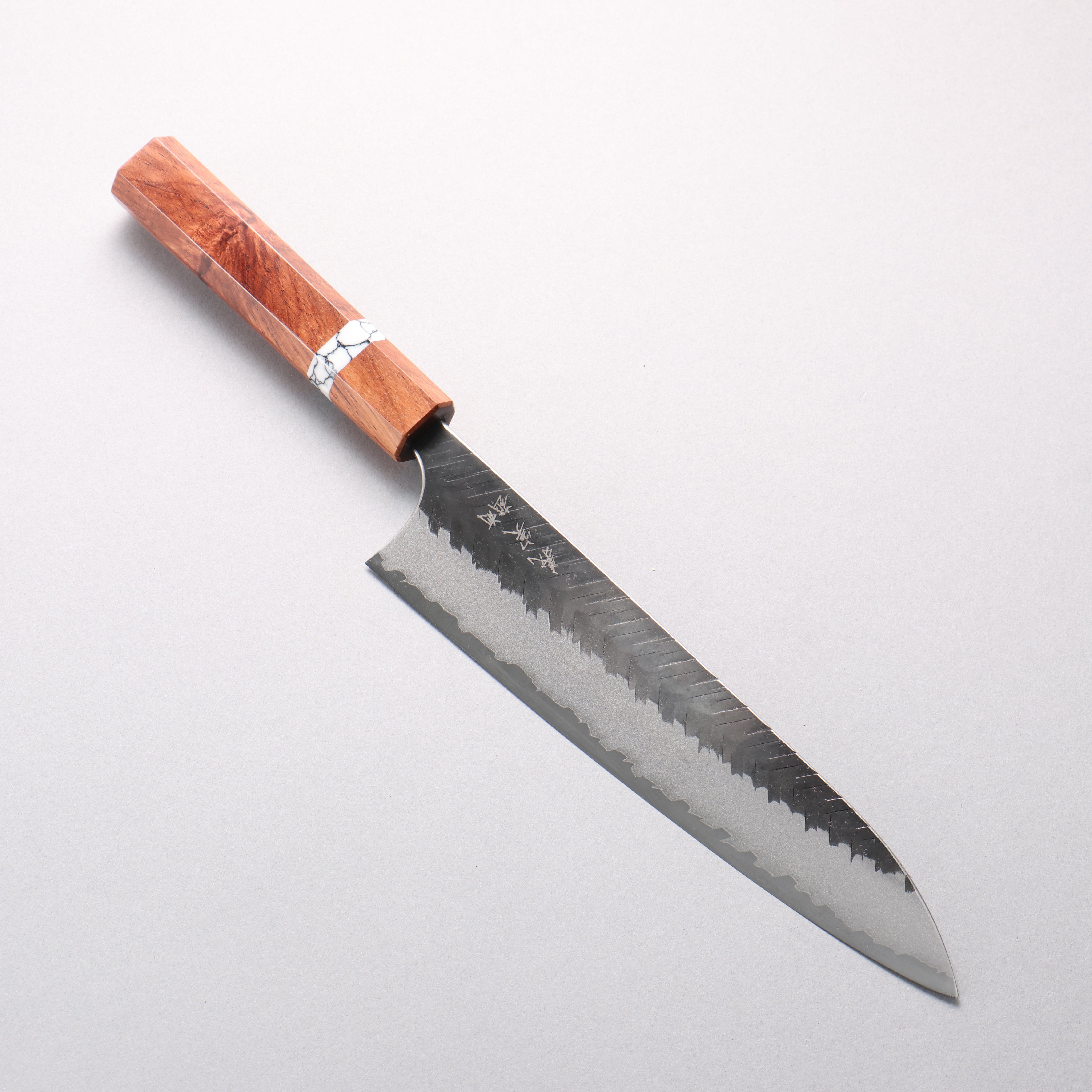 Yoshimi Kato Blue Super Kurouchi V-Hammered Gyuto 210mm Rosewood & White Turquoise Ring Handle - Seisuke Knife