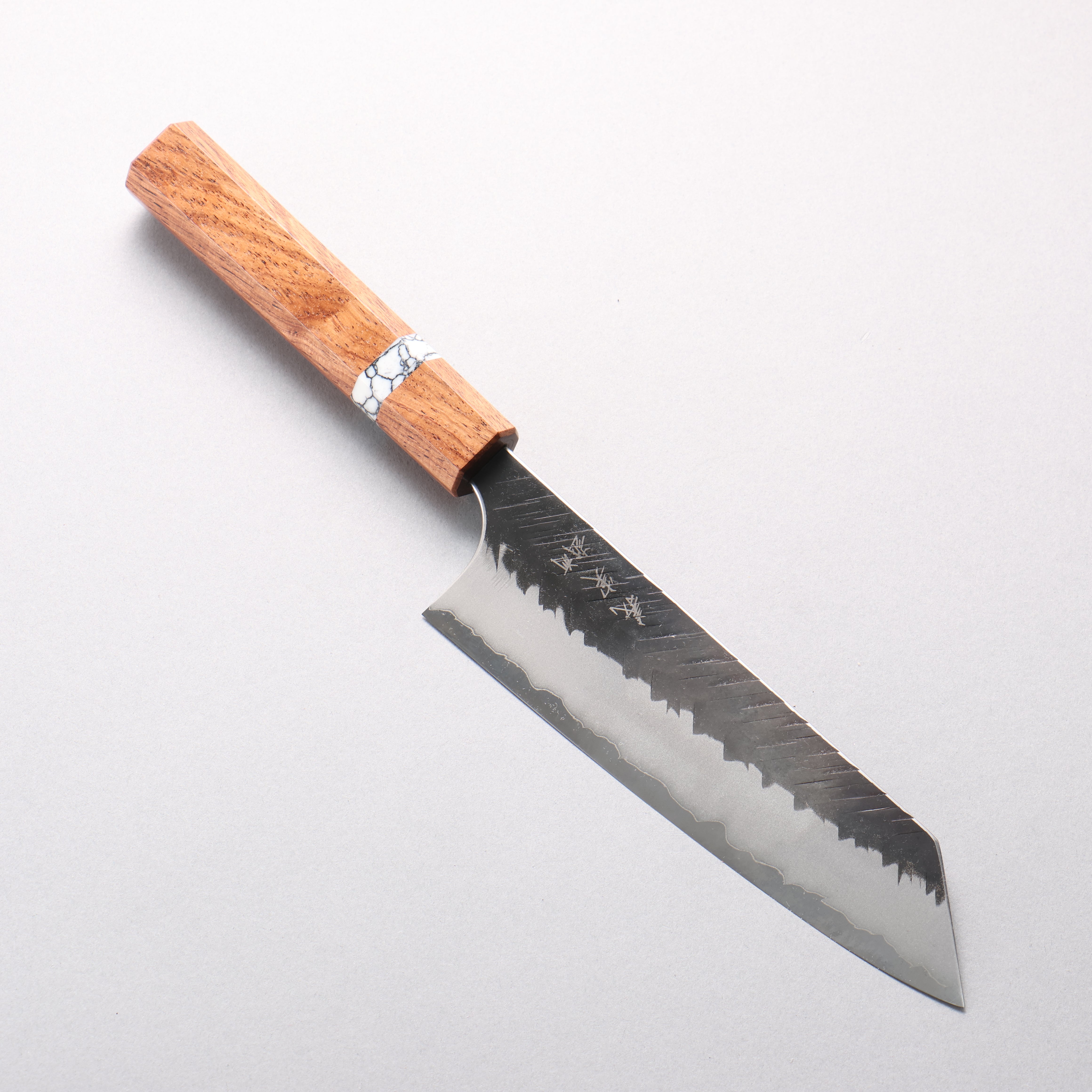 Yoshimi Kato Blue Super Kurouchi V-Hammered Bunka 170mm Rosewood & Turquoise Ring Handle - Seisuke Knife
