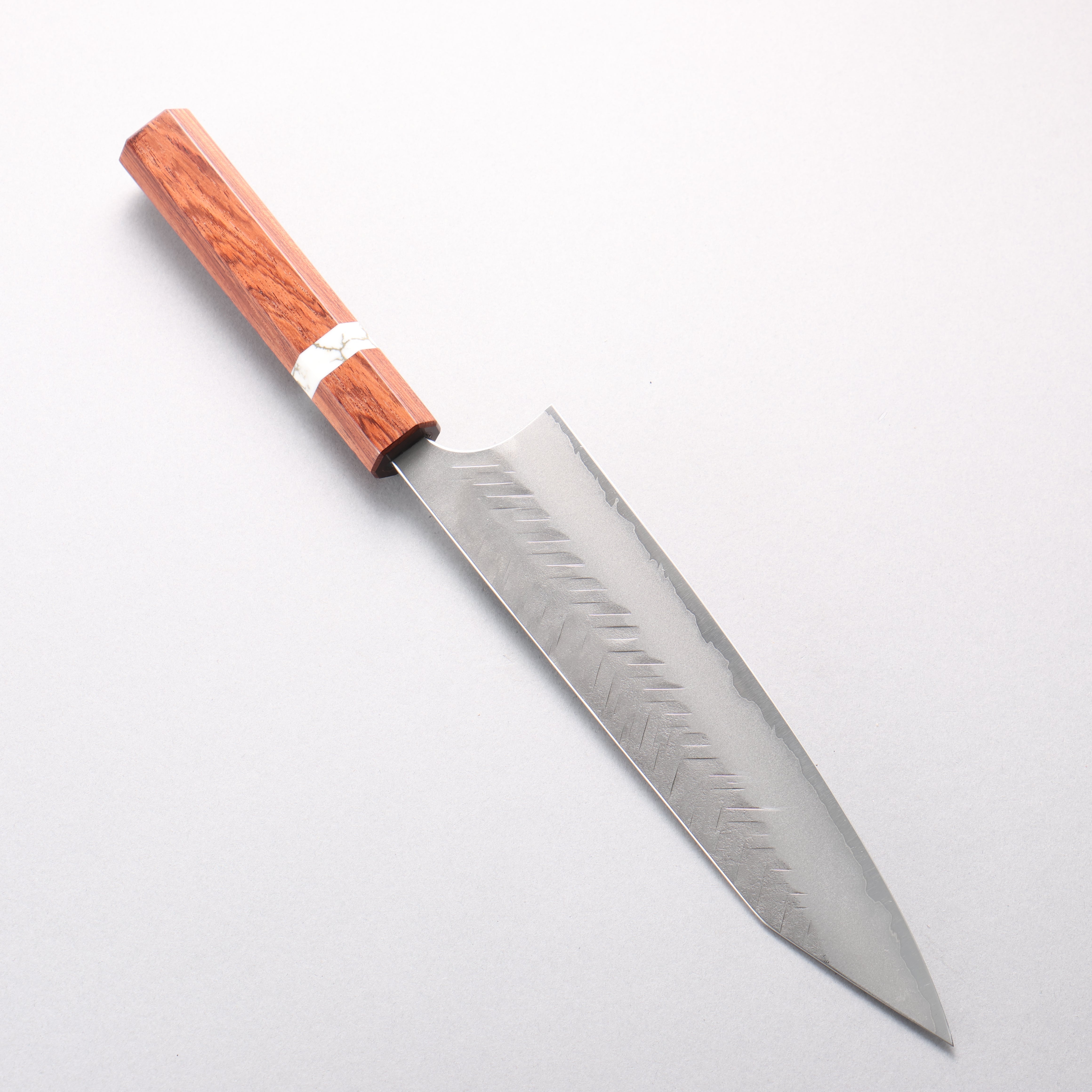 Yoshimi Kato Blue Super Nashiji V-Hammered Kiritsuke Gyuto 210mm Rosewood & White Turquoise Ring Handle - Seisuke Knife