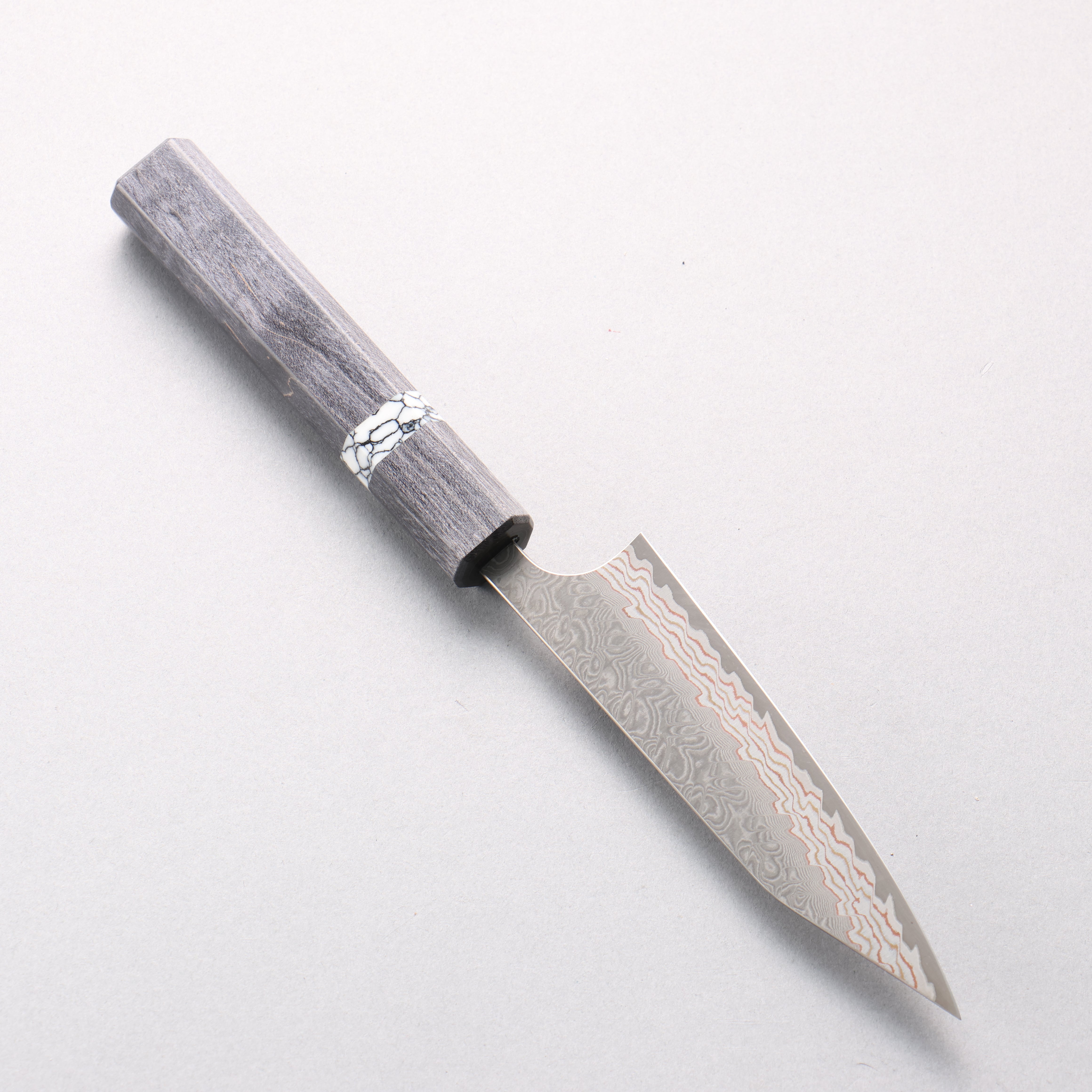 Yoshimi Kato VG10w Colored Damascus Kiritsuke Petty-Utility 120mm Black Stabilized Wood & White Turquoise Ring Handle - Seisuke Knife
