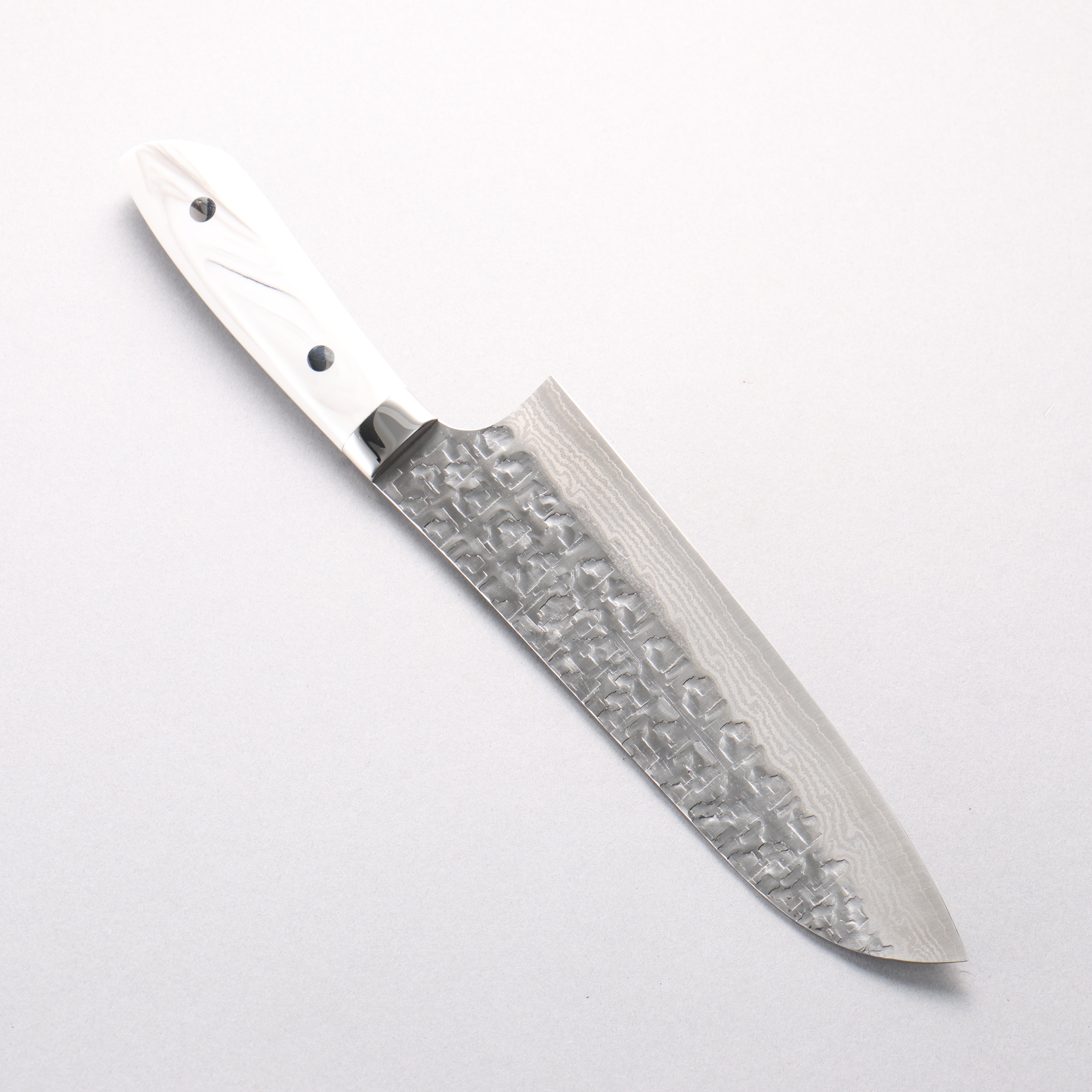 Takeshi Saji SRS13 Hammered Damascus Cross Santoku 180mm Cloud Pattern Corian Handle - Seisuke Knife