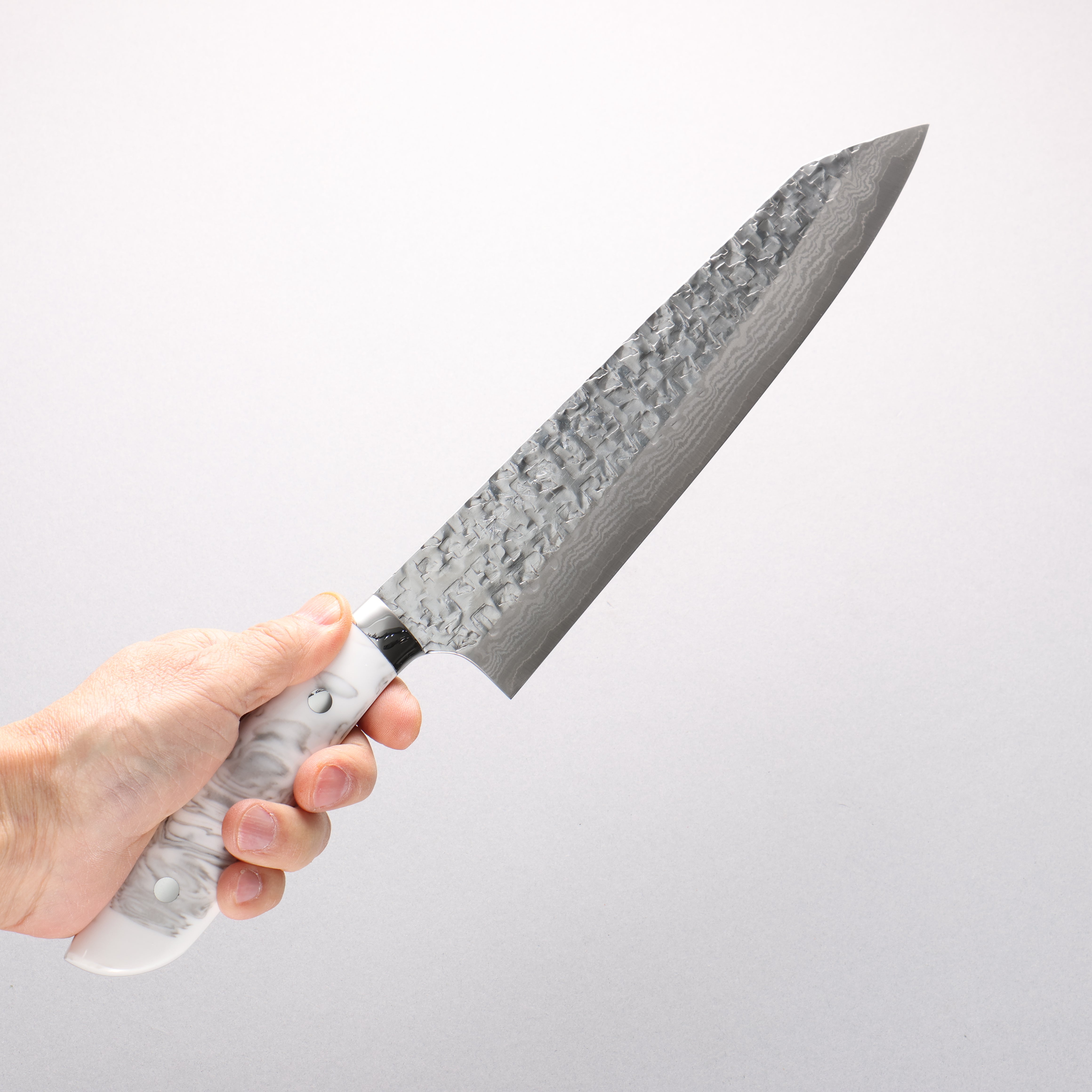 Takeshi Saji SRS13 Hammered Damascus Cross Kiritsuke Gyuto 240mm Cloud Pattern Corian Handle - Seisuke Knife