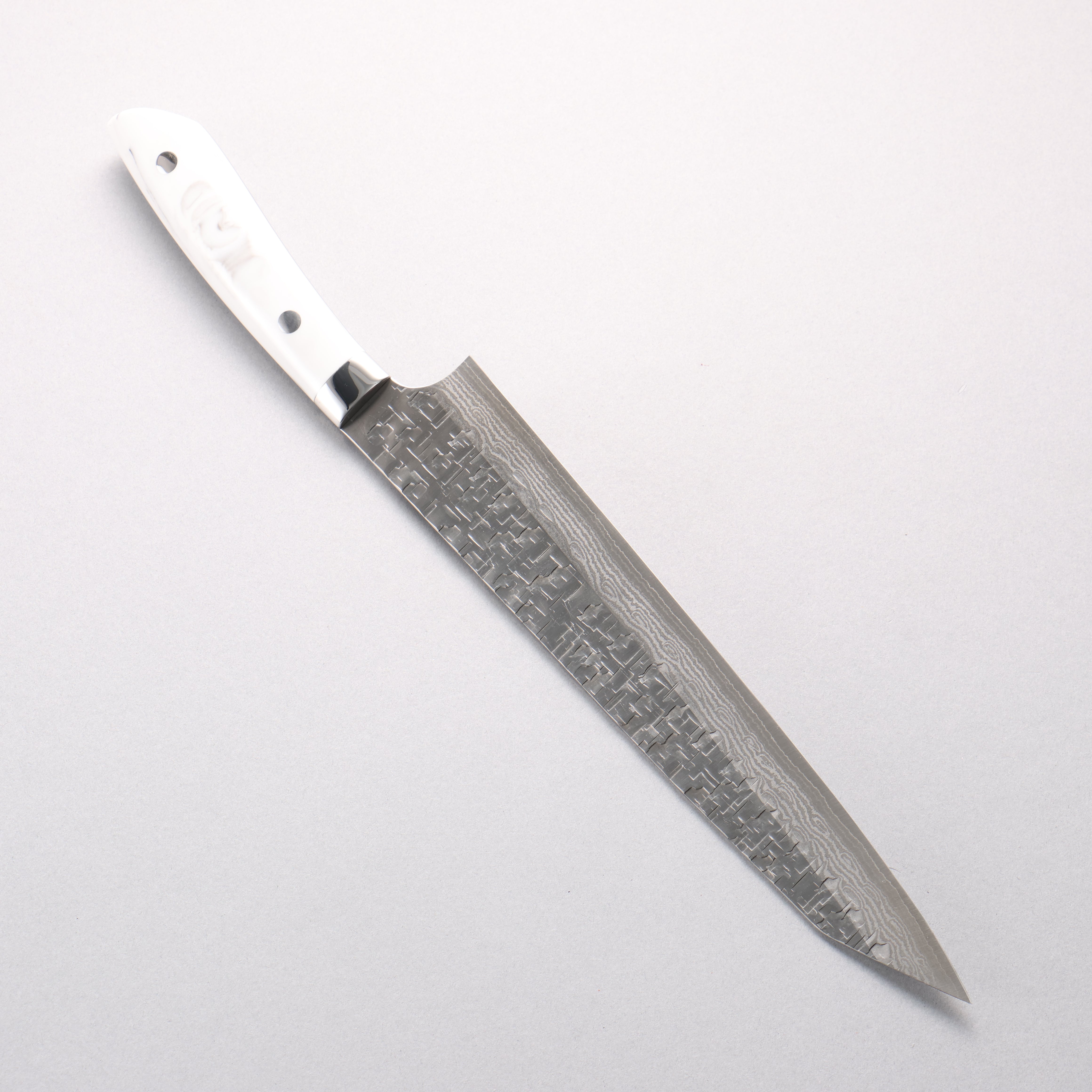 Takeshi Saji SRS13 Hammered Damascus Cross Kiritsuke Sujihiki 240mm Cloud Pattern Corian Handle - Seisuke Knife