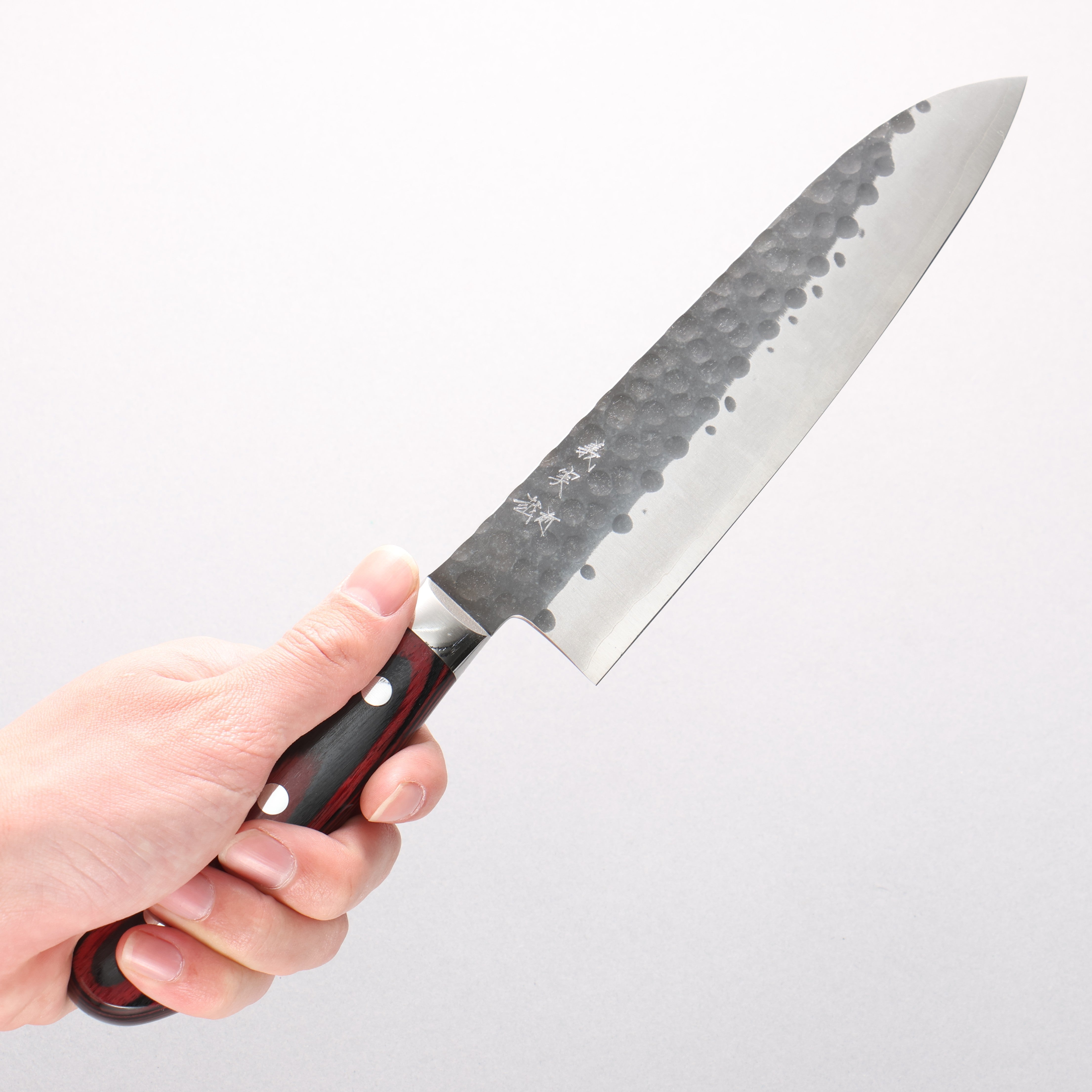 Yoshimi Kato Blue Super Kurouchi Hammered(Maru) Gyuto 180mm Red Pakka wood Handle - Seisuke Knife
