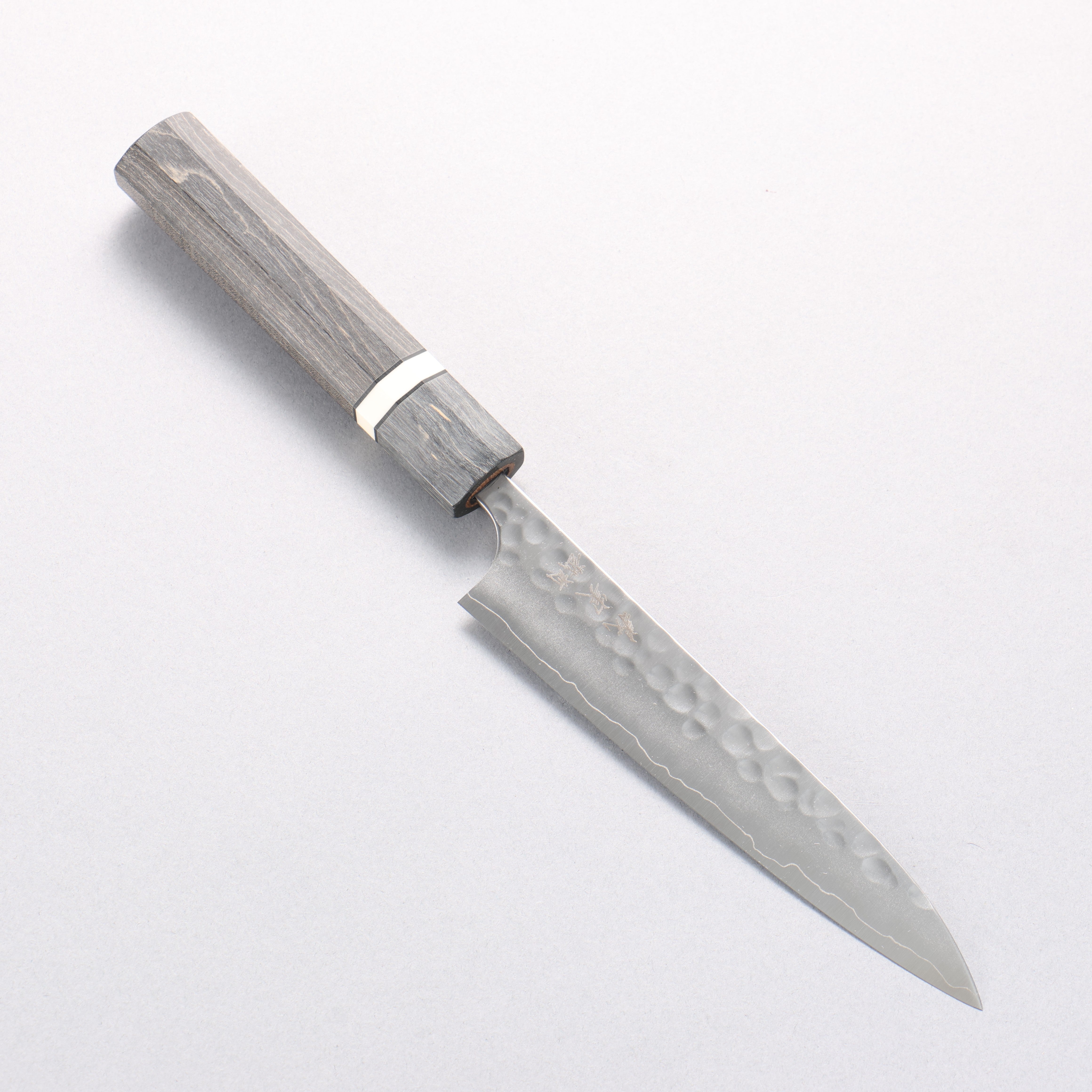 Yoshimi Kato SG2 Maru Hammered Migaki Petty-Utility 150mm Gray Stabilized Wood & White Ring Handle - Seisuke Knife
