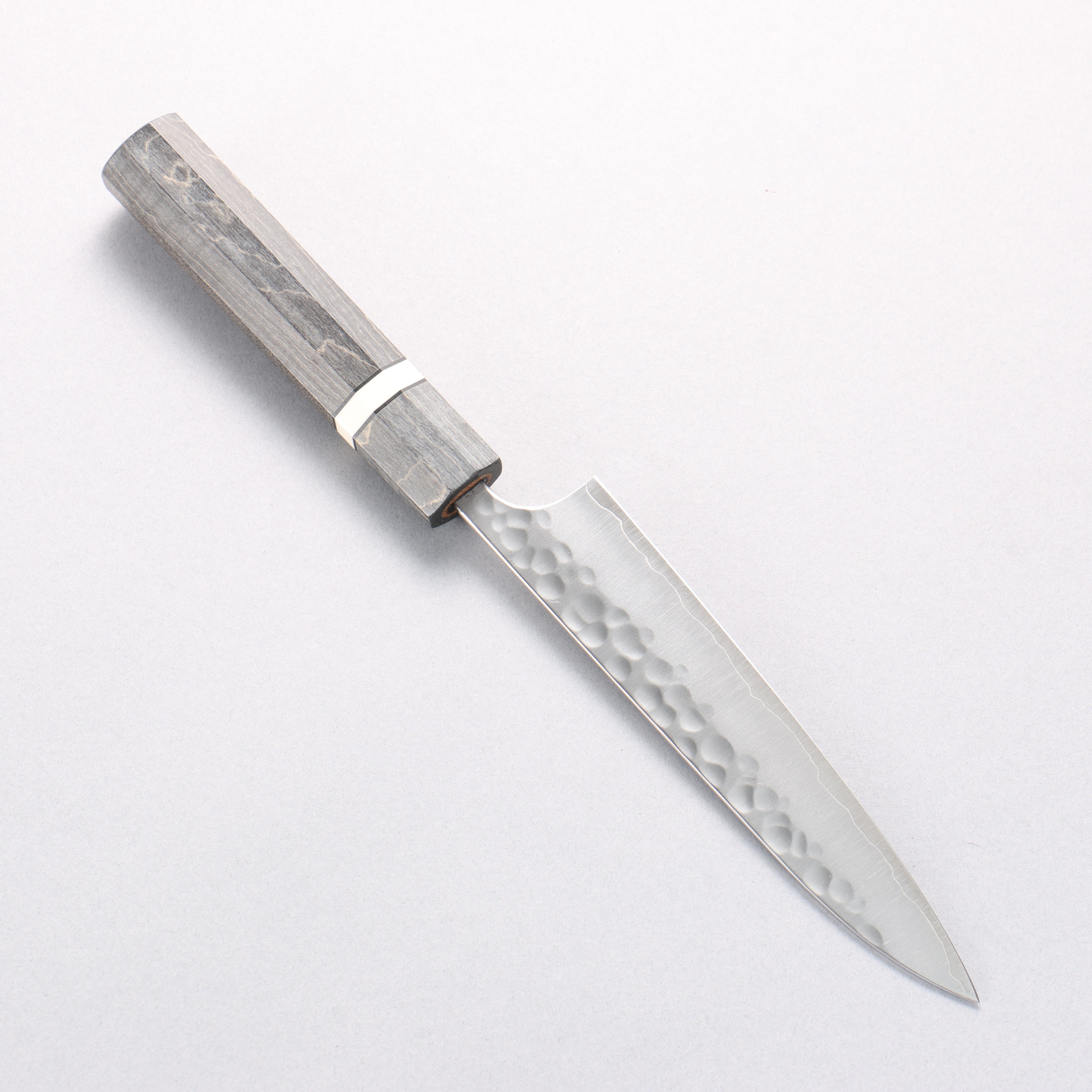 Yoshimi Kato SG2 Maru Hammered Migaki Petty-Utility 150mm Gray Stabilized Wood & White Ring Handle - Seisuke Knife