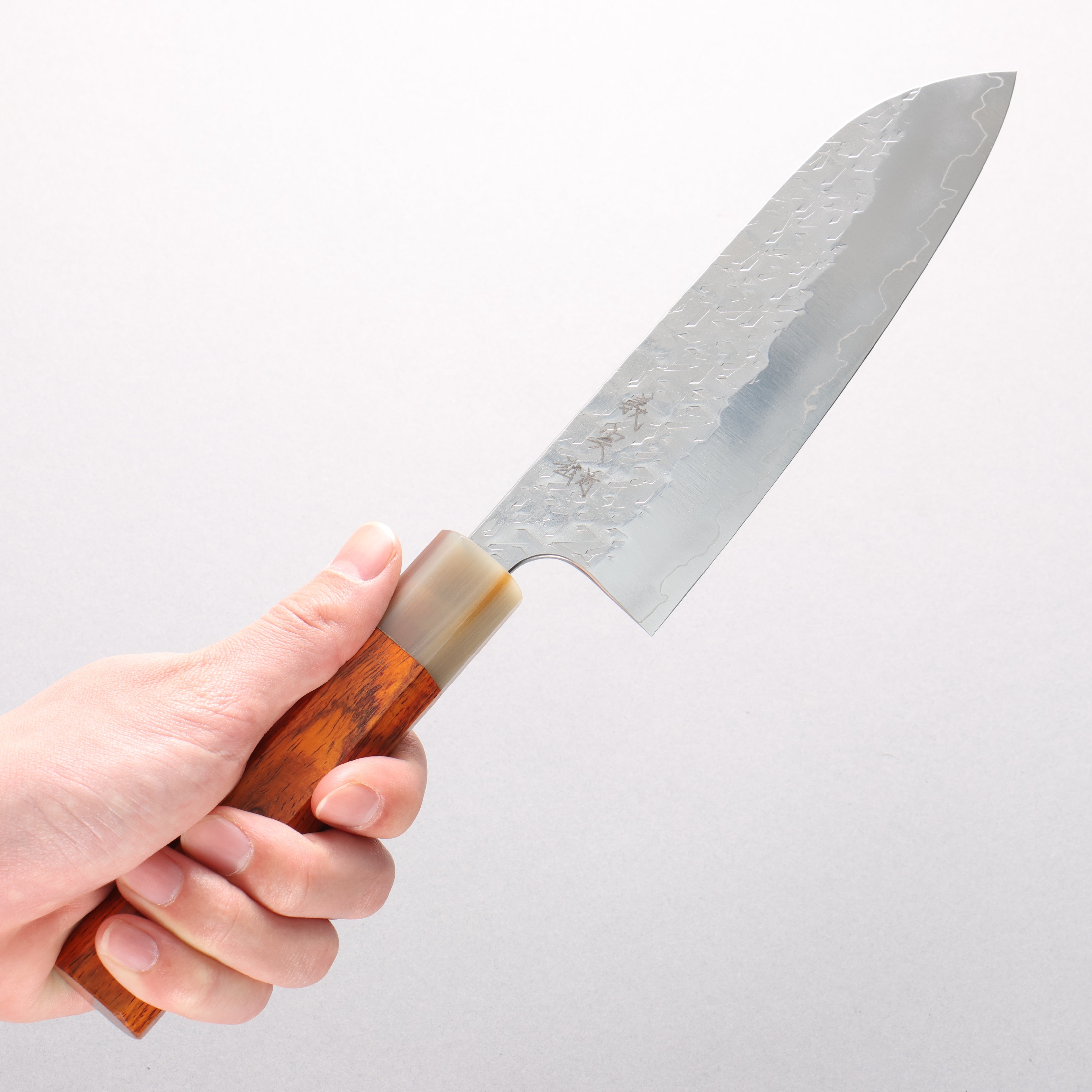 Yoshimi Kato Hyo SG2 Hammered Santoku 170mm Cocobolo & White Water Buffalo Horn Handle - Seisuke Knife