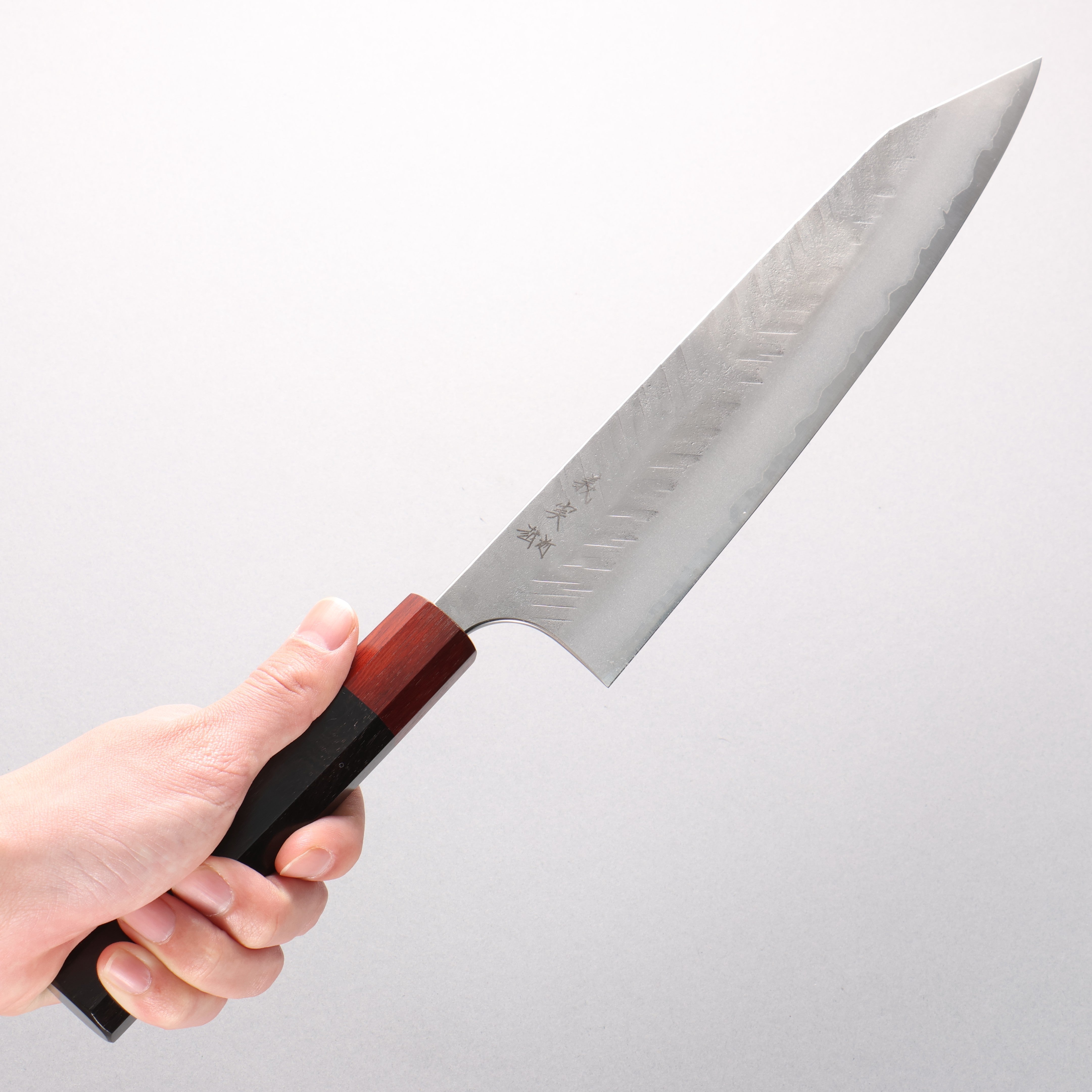 Yoshimi Kato Blue Super Nashiji V-Hammered Kiritsuke Gyuto 240mm Ebony Wood & Sandalwood Handle - Seisuke Knife