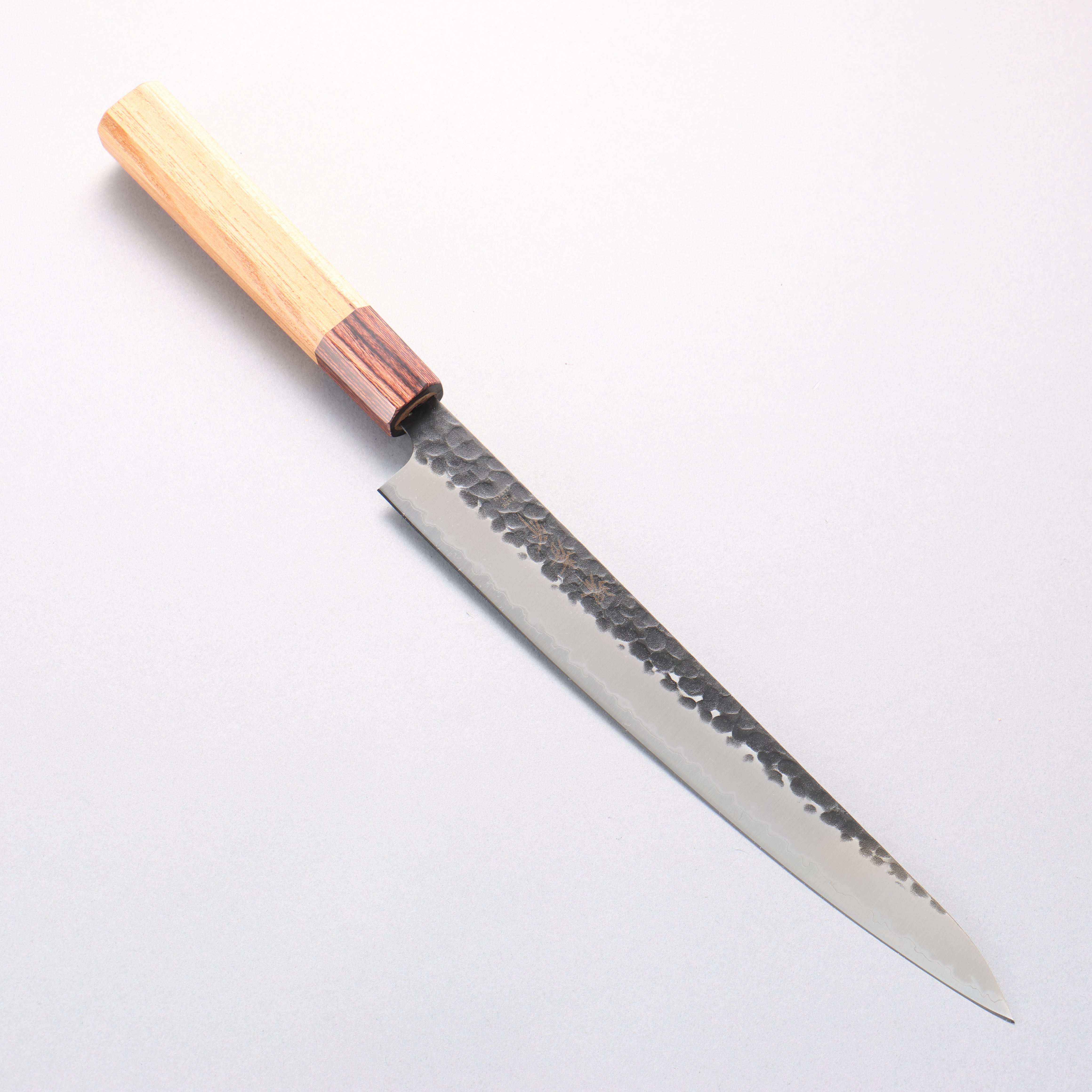Sakai Takayuki Blue Super Hammered Kurouchi Sujihiki 240mm Keyaki Elm Handle - Seisuke Knife