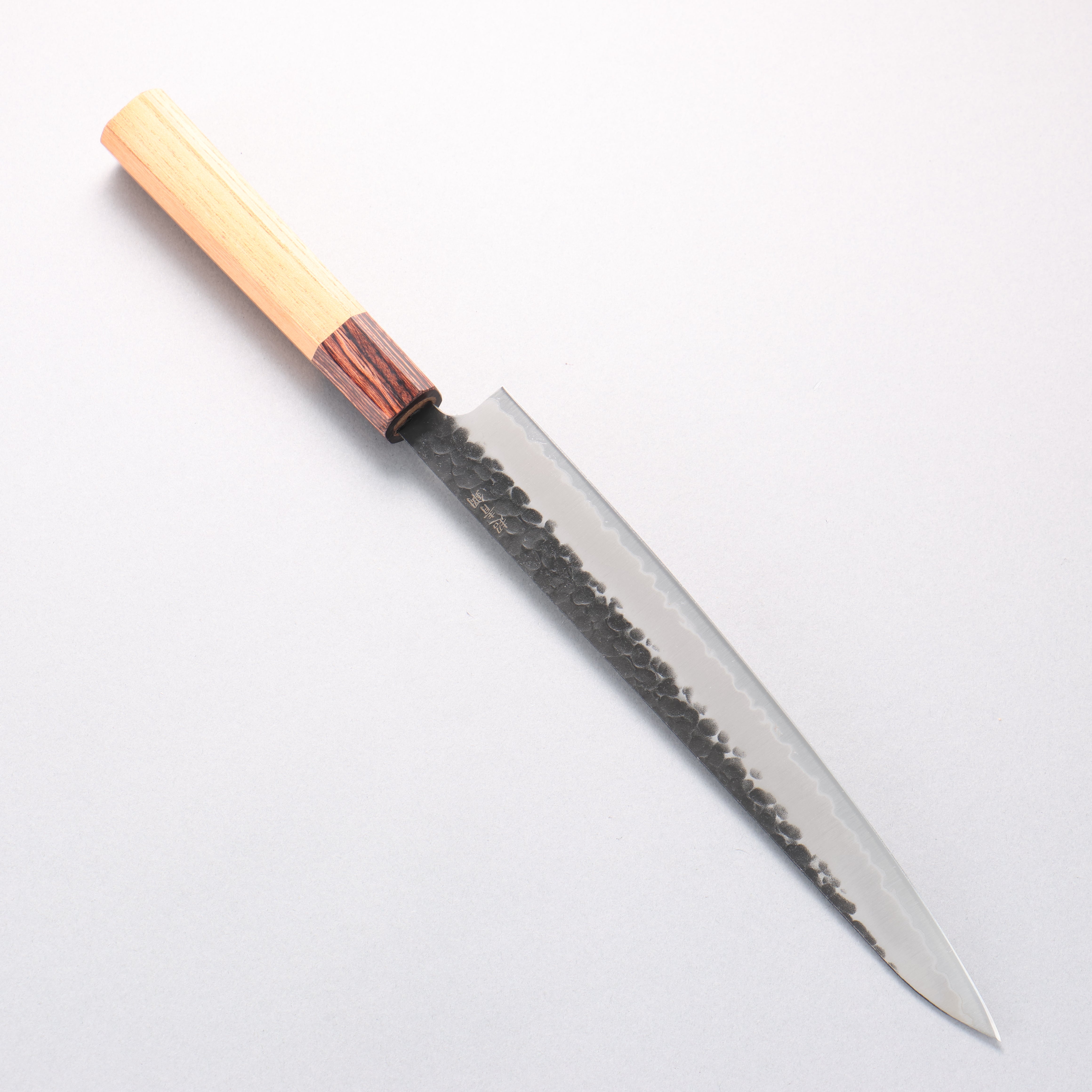 Sakai Takayuki Blue Super Hammered Kurouchi Sujihiki 240mm Keyaki Elm Handle - Seisuke Knife