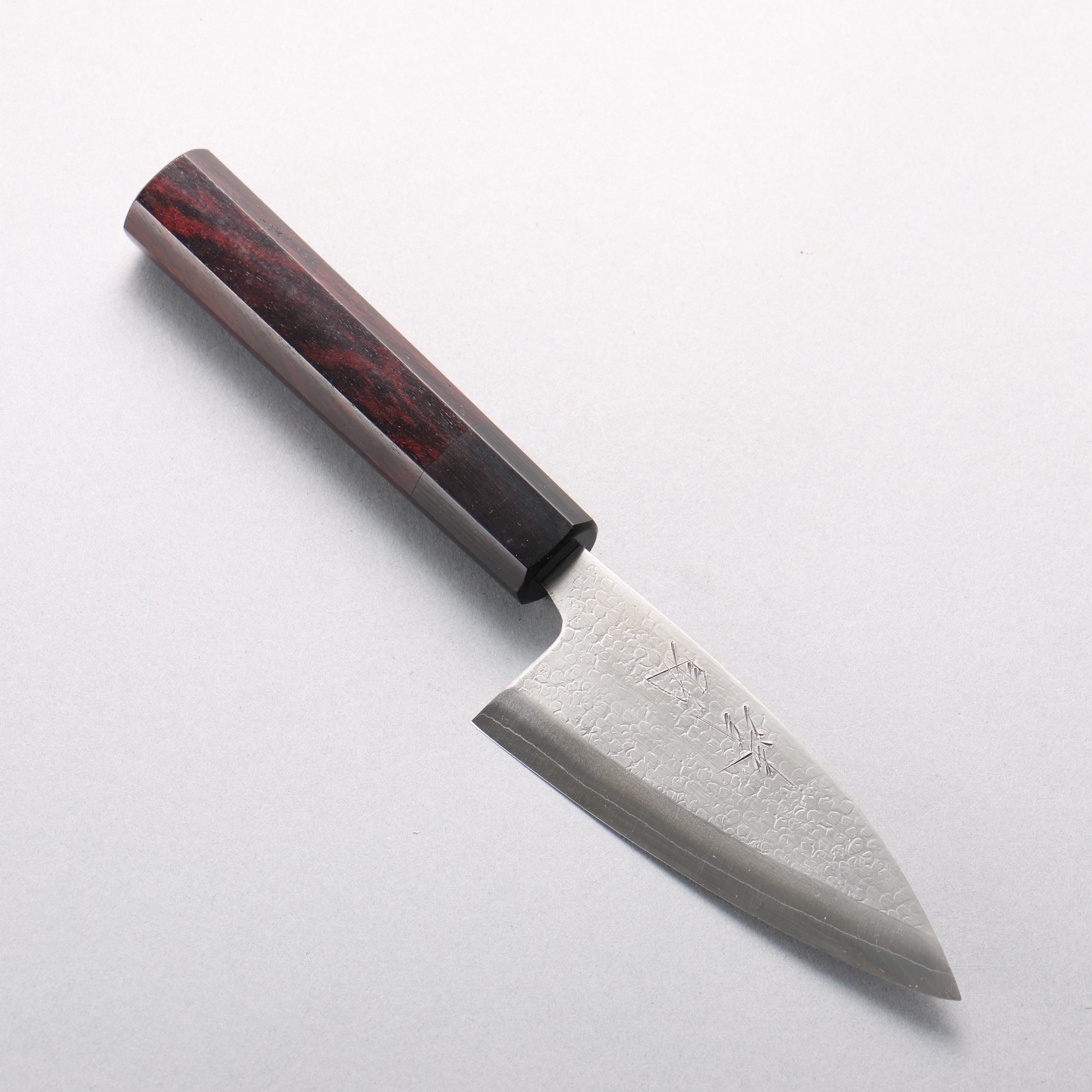 Seisuke Silver Steel No.3 Maru Hammered Ajikiri 105mm Shitan & Black Pakkawood Handle - Seisuke Knife
