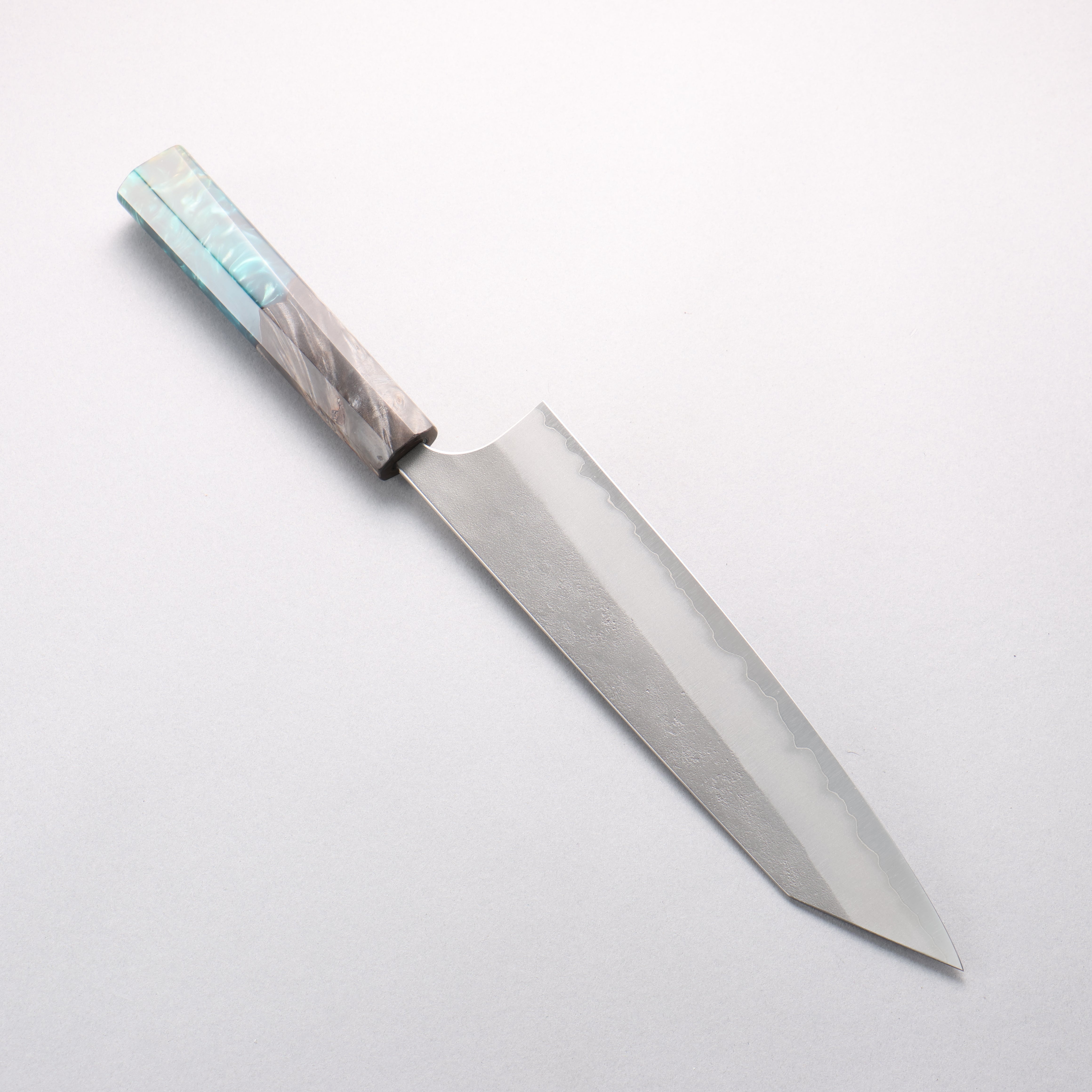 Yoshimi Kato Blue Super Nashiji Kiritsuke Gyuto 240mm Stabilized Birch & Emerald Green Resin Handle - Seisuke Knife