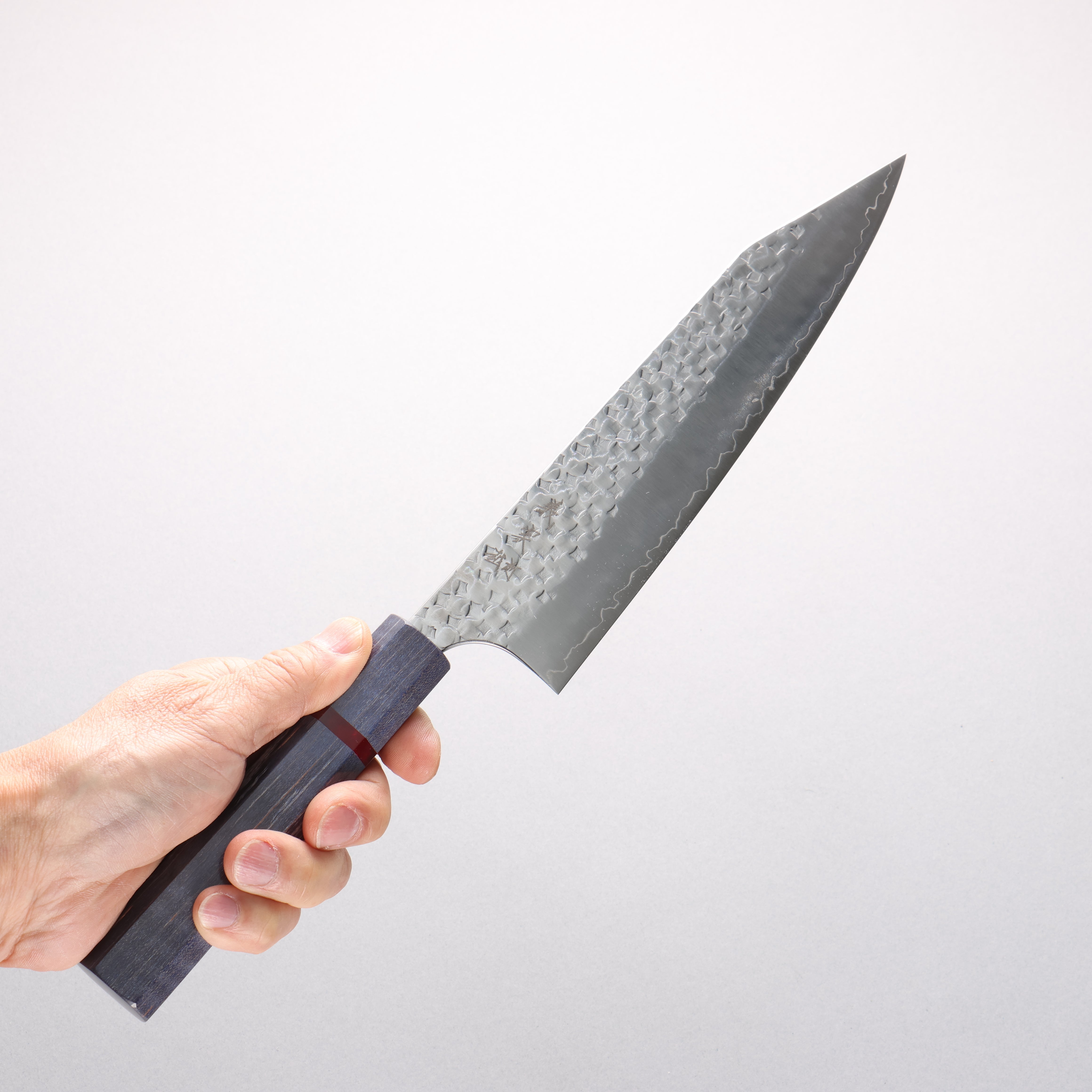 Yoshimi Kato Minamo II SPG STRIX Hammered Kiritsuke Gyuto 210mm Blue Stabilized Wood (With Red Ring) Handle - Seisuke Knife