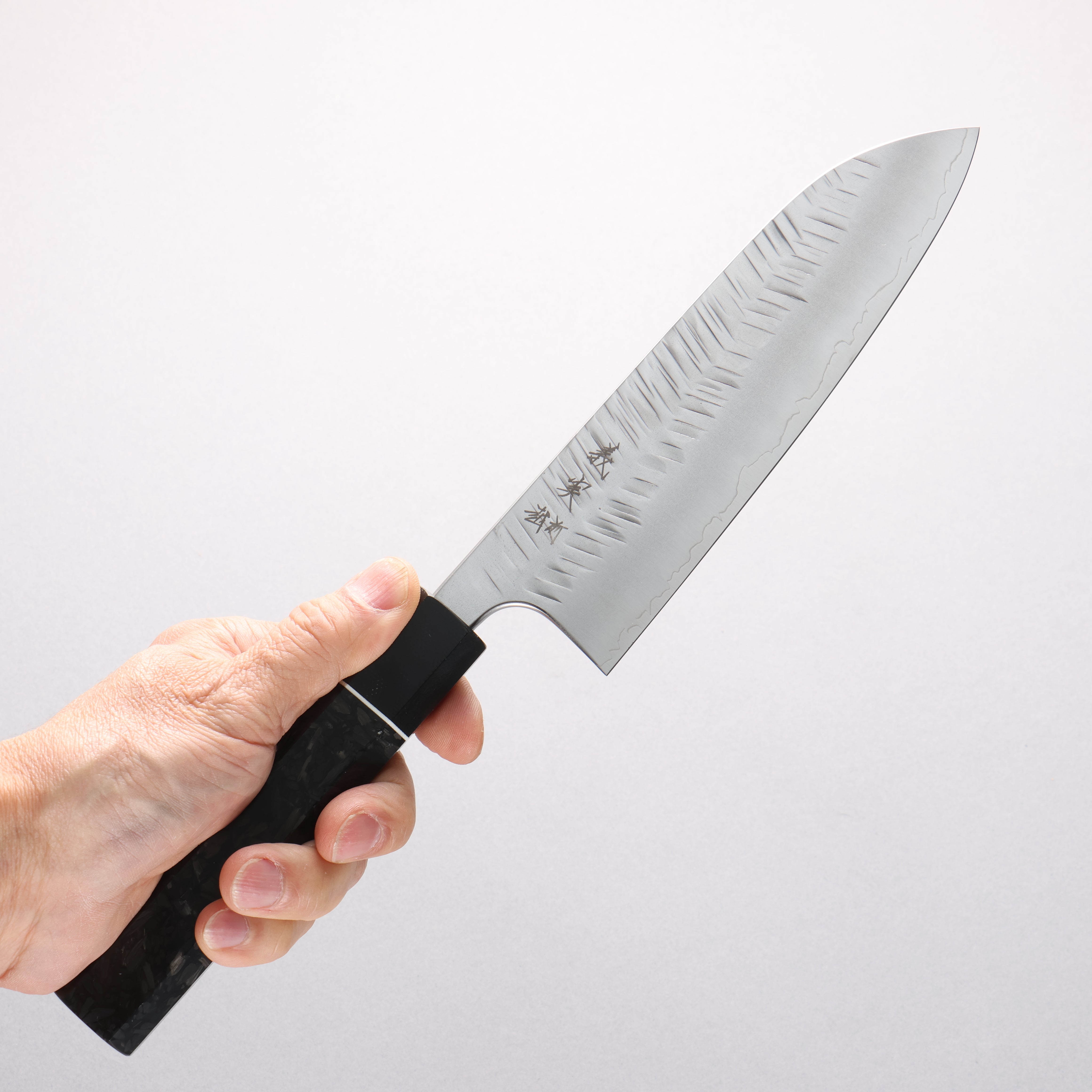 Yoshimi Kato SG2 V-Hammered Santoku 170mm Carbon Fiber & G10 Fiberglass Handle - Seisuke Knife
