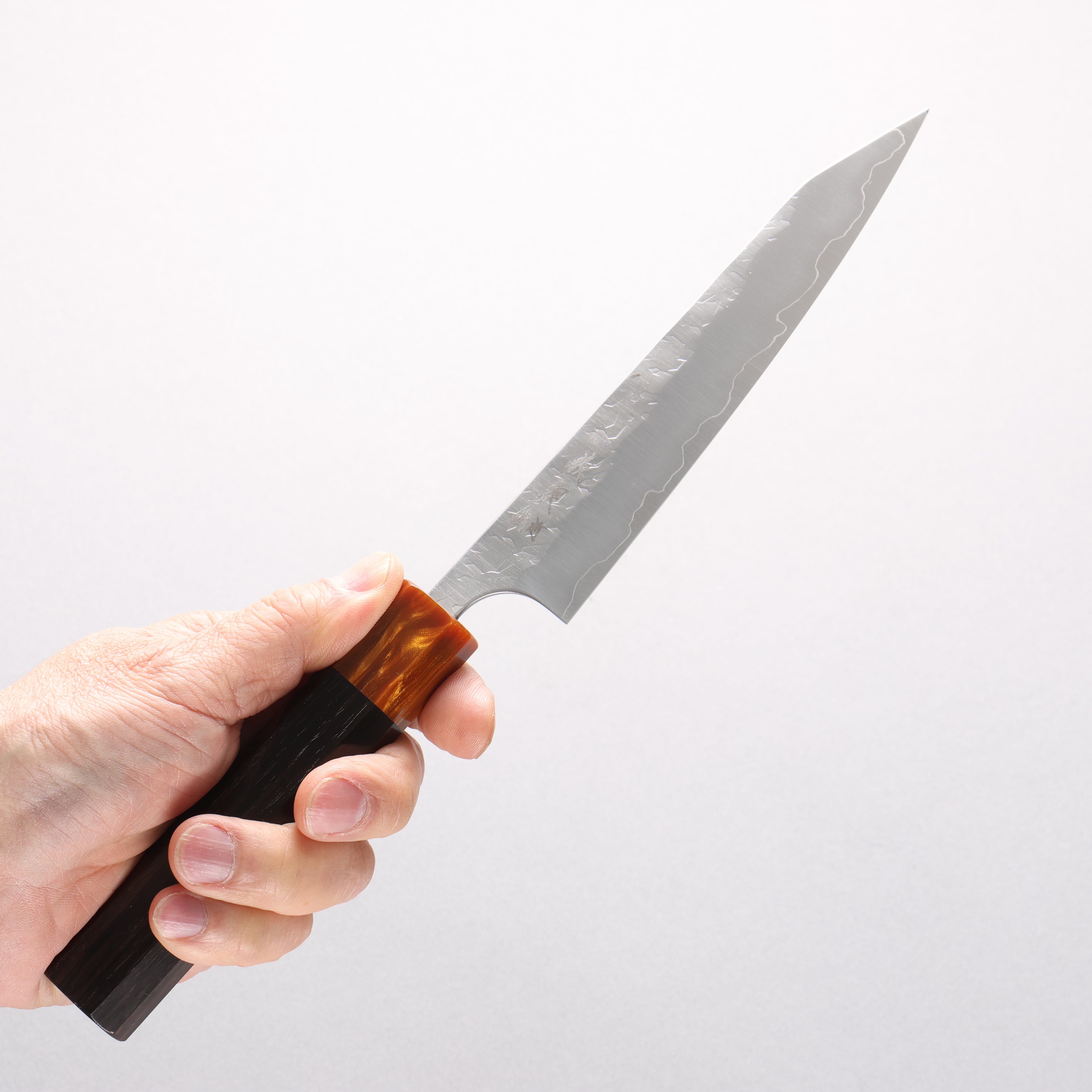 Yoshimi Kato Hyo SG2 Hammered Kiritsuke Petty-Utility 145mm Ebony Wood & Orange Resin Handle - Seisuke Knife