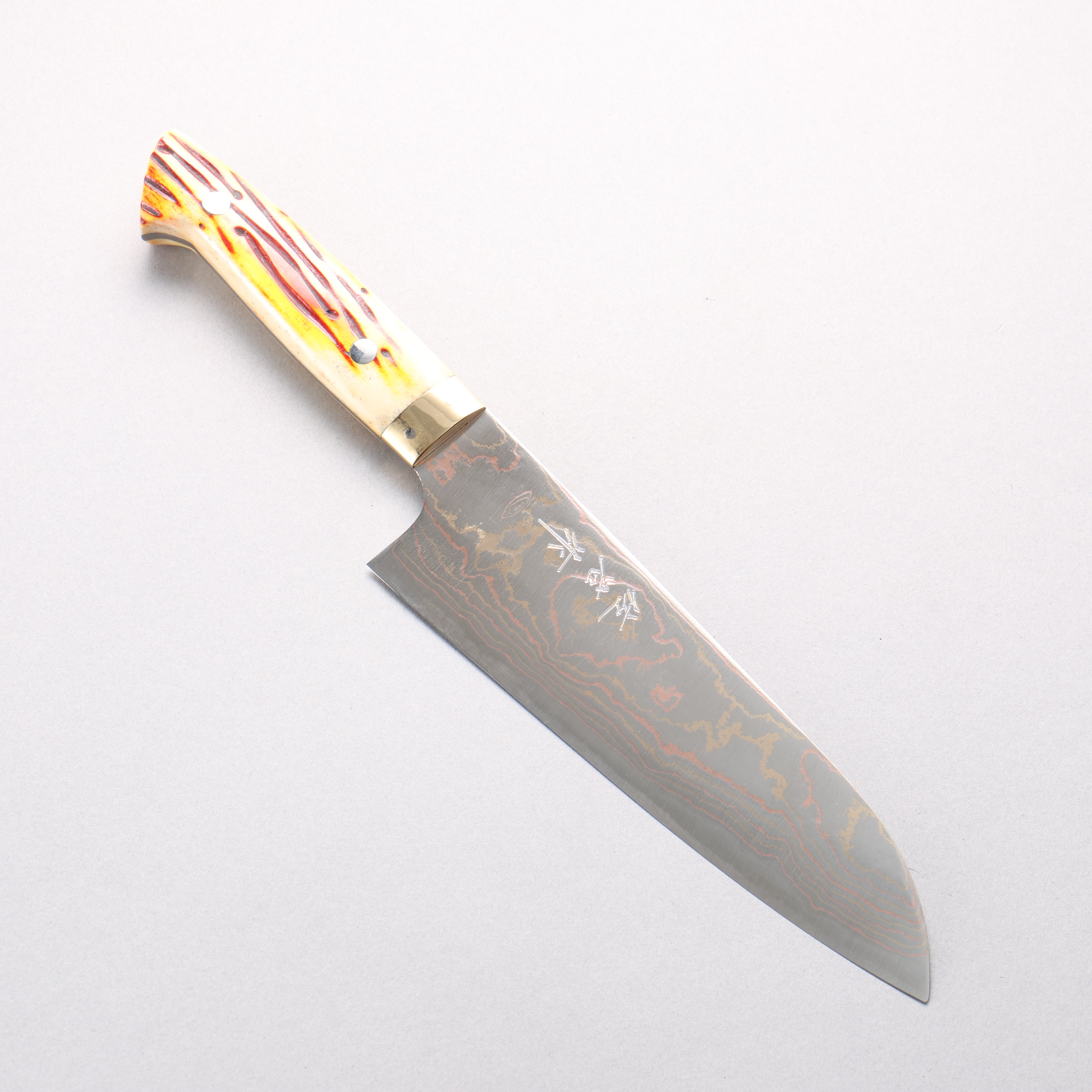 Takeshi Saji Blue Steel No.2 Colored Damascus Santoku 180mm Orange Cow Bone Handle - Seisuke Knife