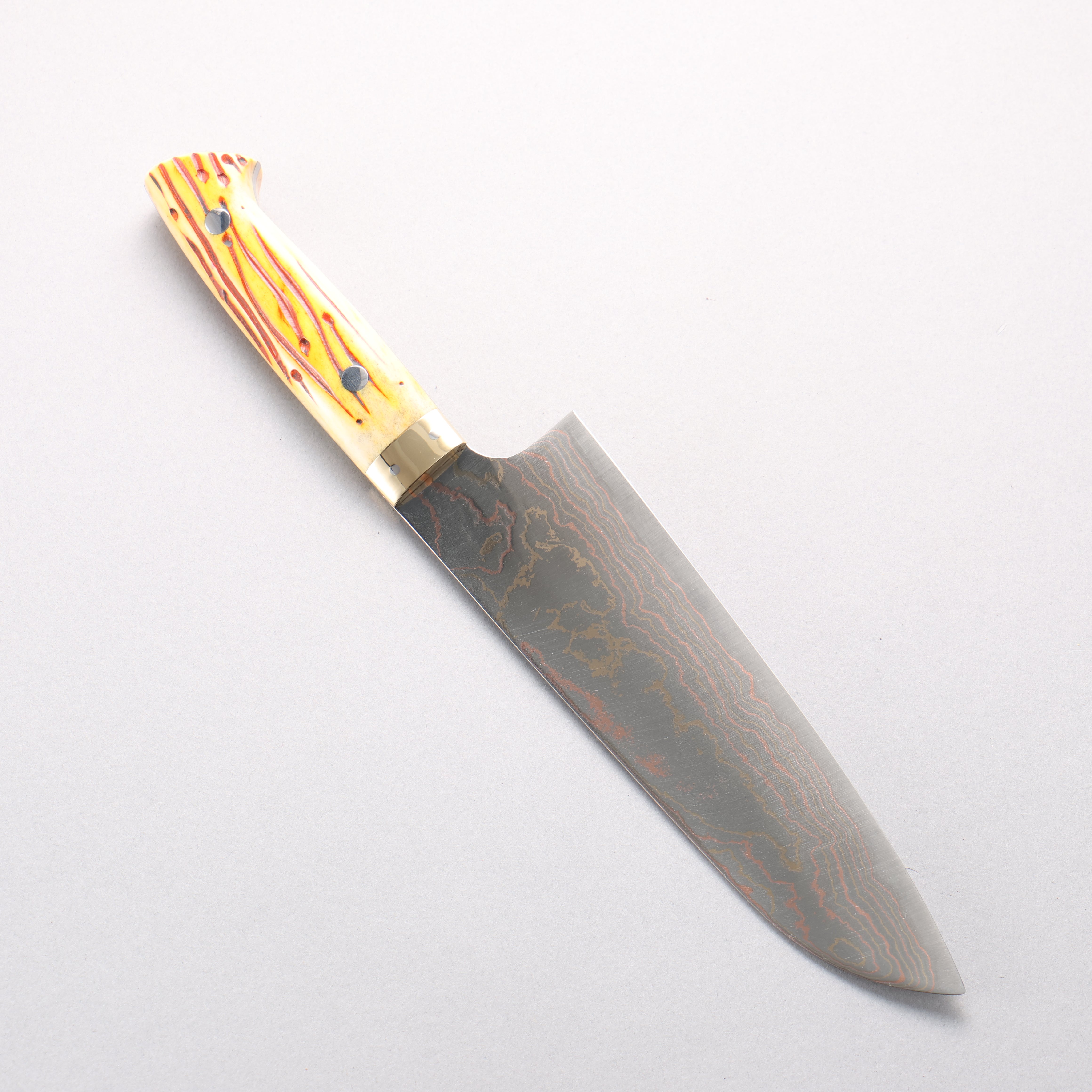 Takeshi Saji Blue Steel No.2 Colored Damascus Santoku 180mm Orange Cow Bone Handle - Seisuke Knife