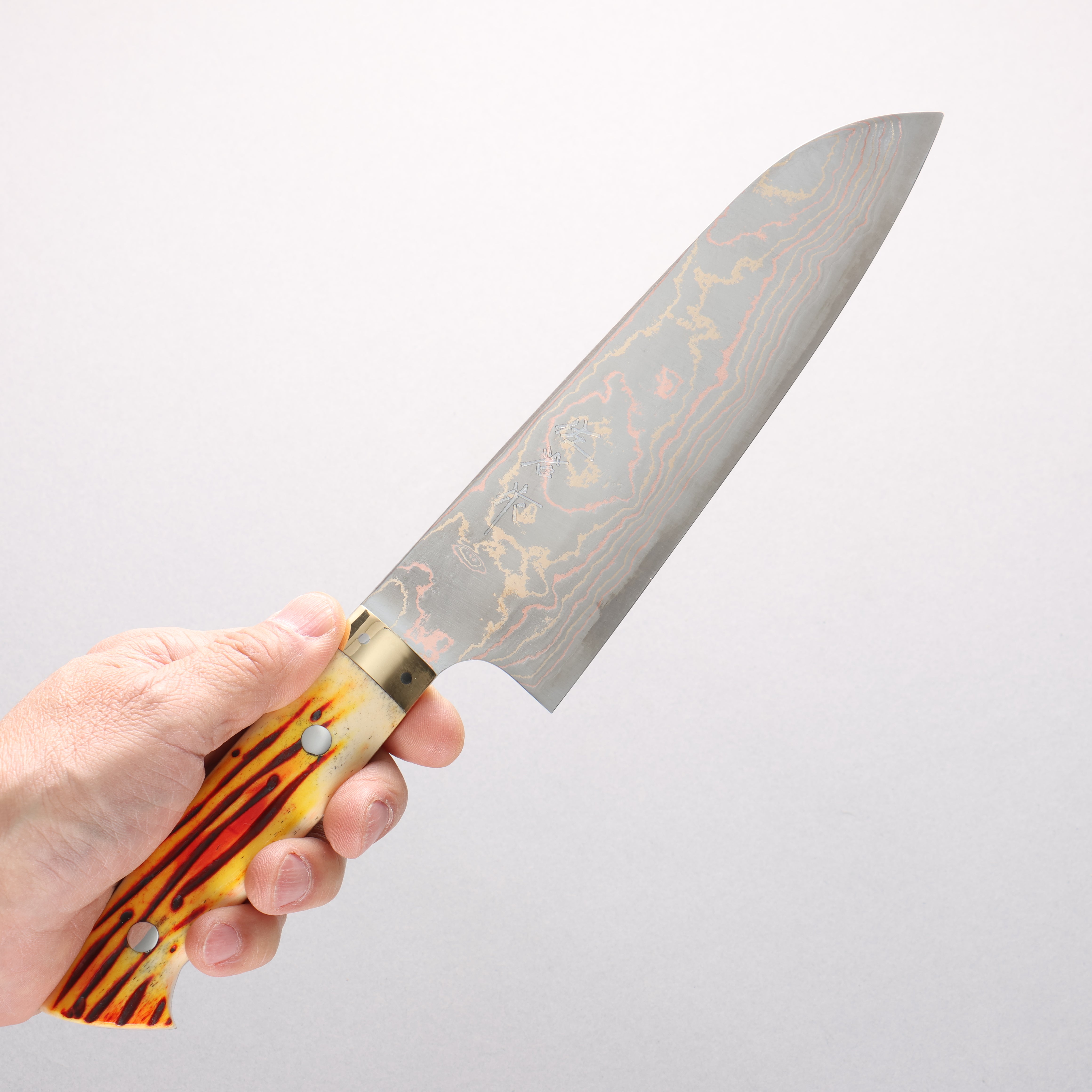 Takeshi Saji Blue Steel No.2 Colored Damascus Santoku 180mm Orange Cow Bone Handle - Seisuke Knife