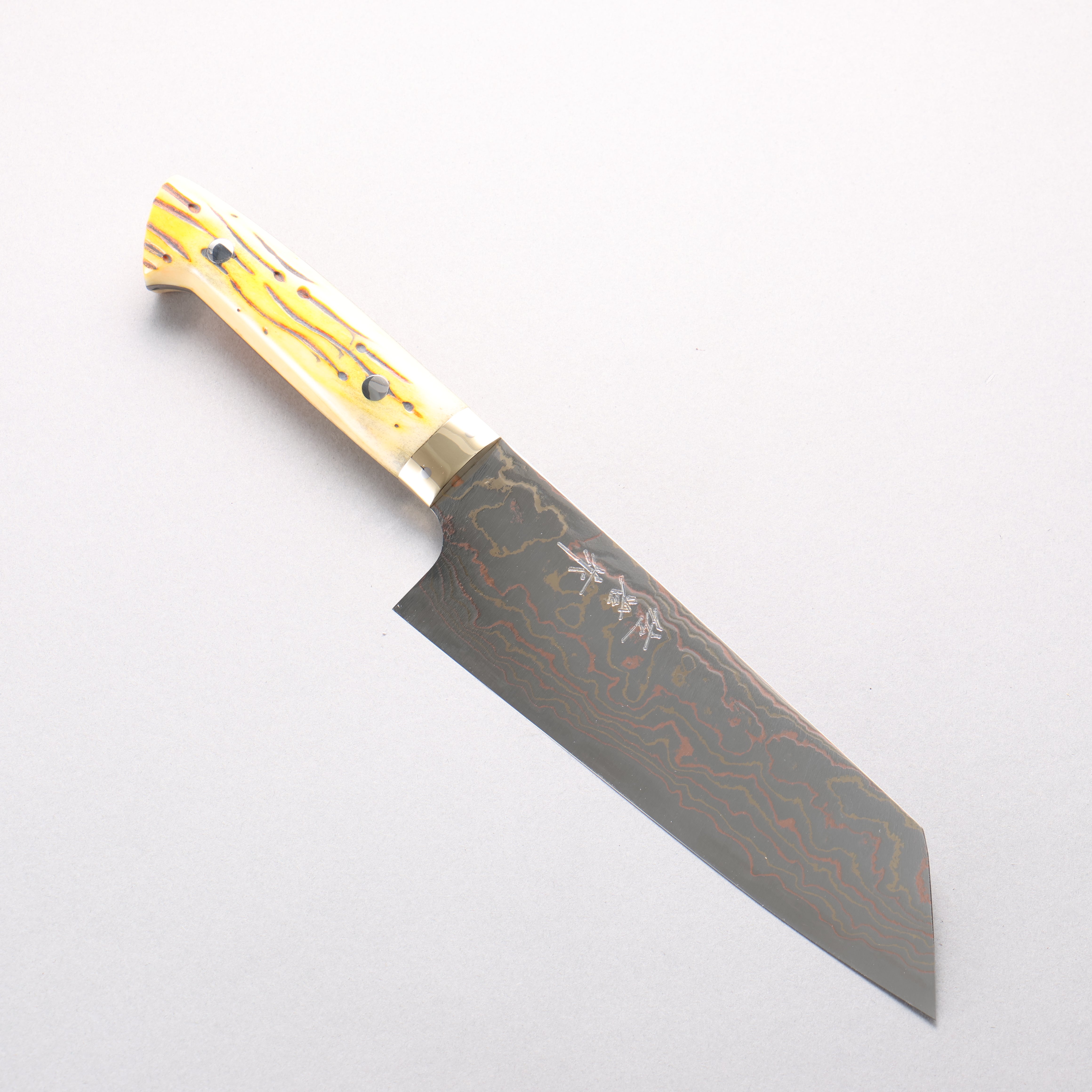 Takeshi Saji Blue Steel No.2 Colored Damascus Bunka 180mm Orange Cow Bone Handle - Seisuke Knife