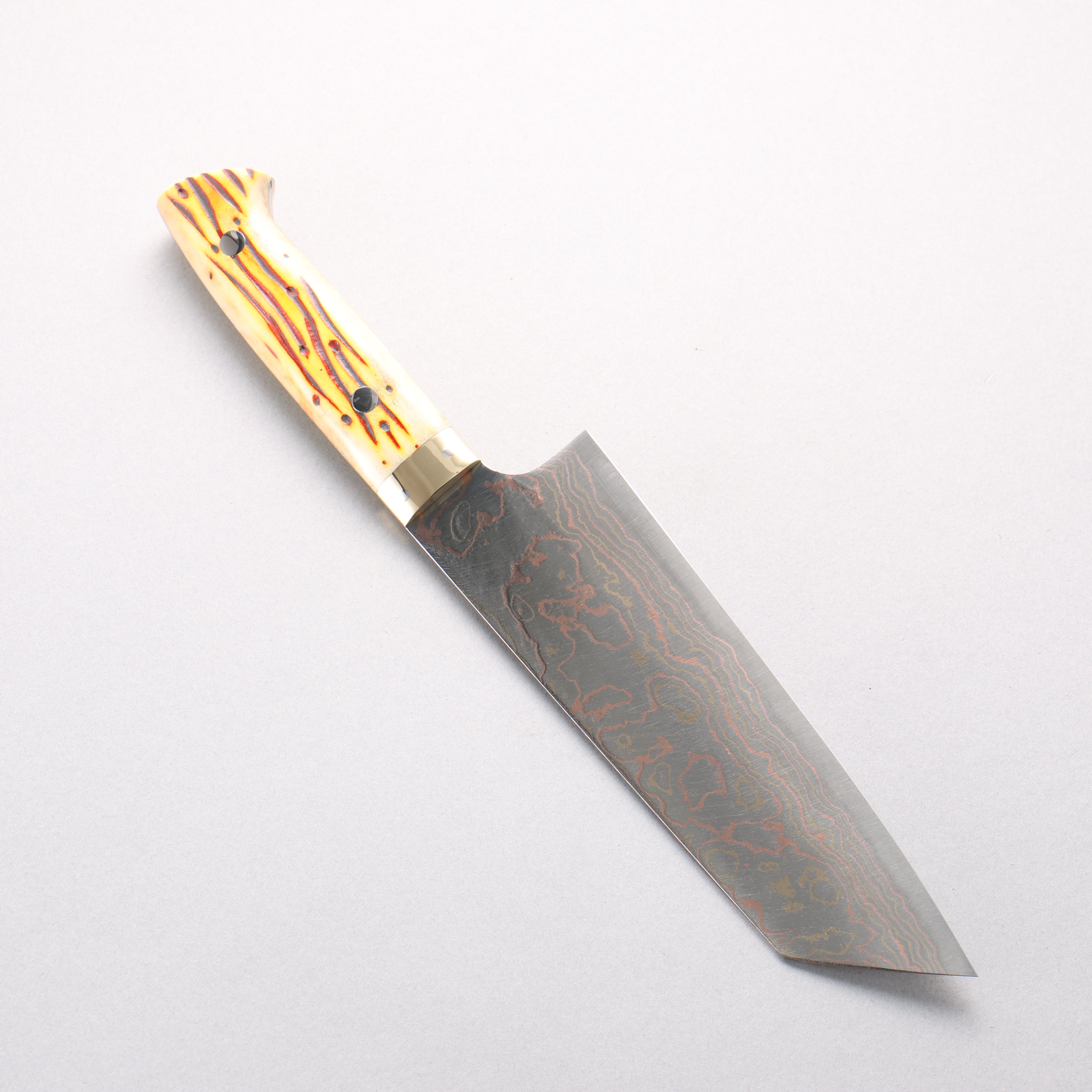 Takeshi Saji Blue Steel No.2 Colored Damascus Bunka 180mm Orange Cow Bone Handle - Seisuke Knife