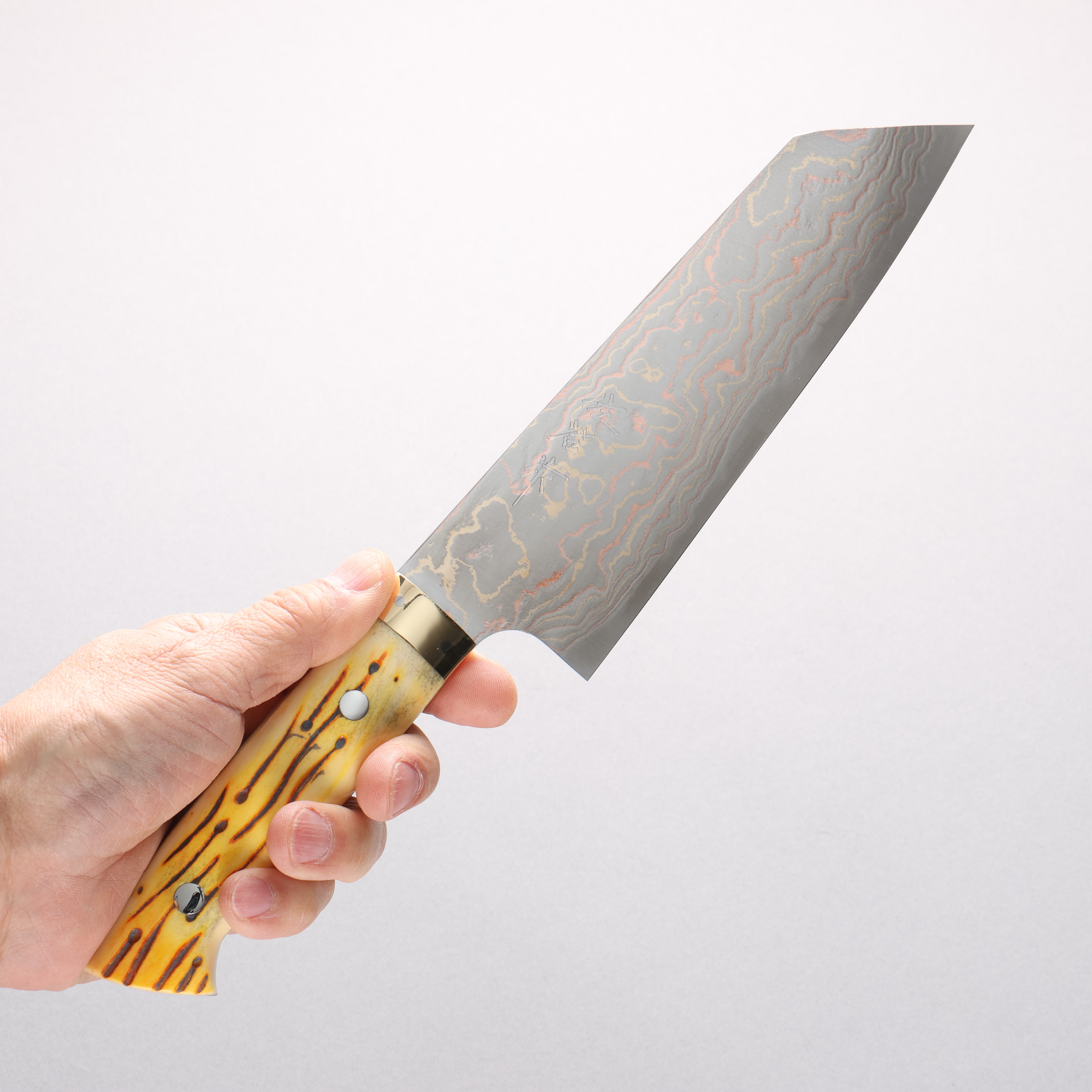 Takeshi Saji Blue Steel No.2 Colored Damascus Bunka 180mm Orange Cow Bone Handle - Seisuke Knife