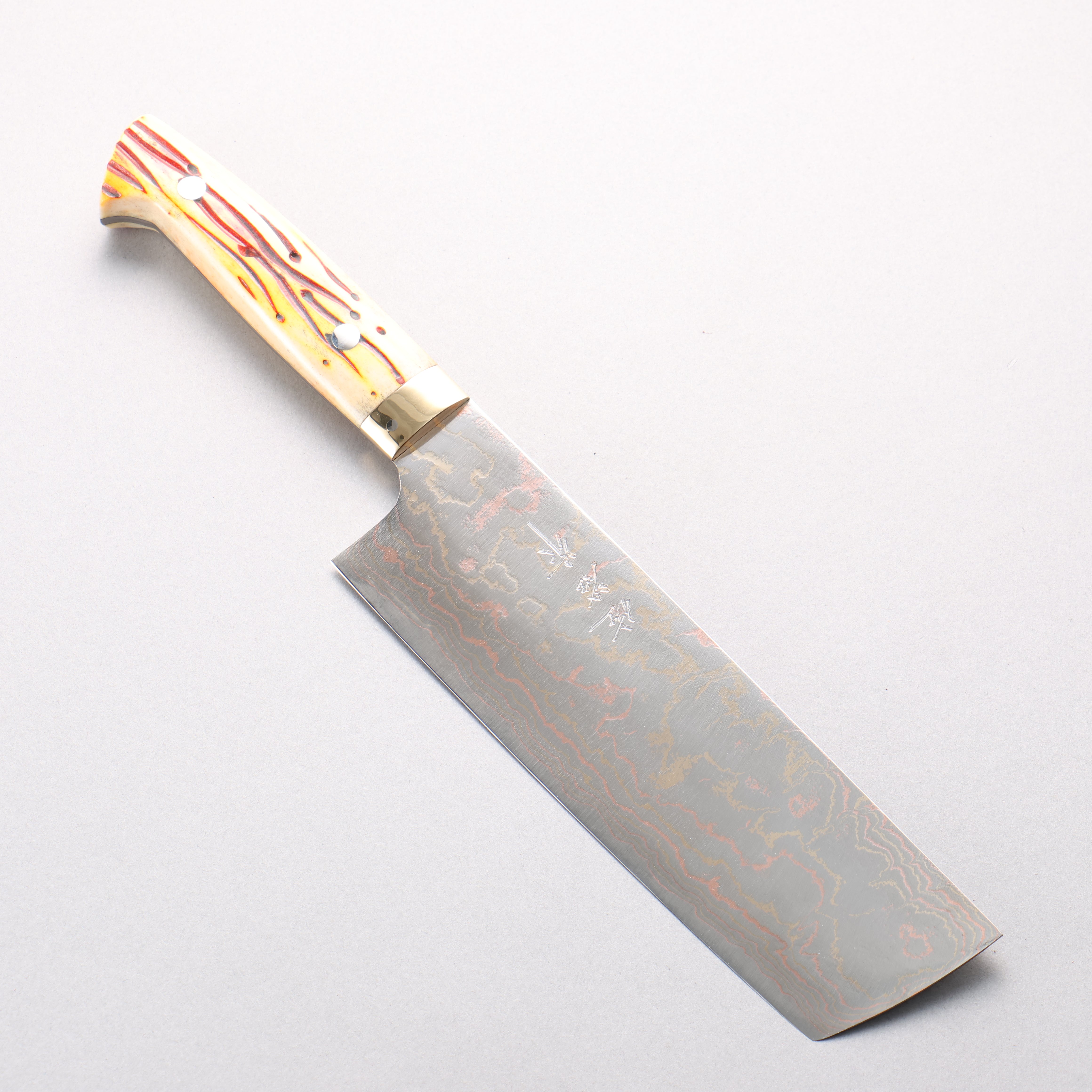 Takeshi Saji Blue Steel No.2 Colored Damascus Nakiri 165mm Orange Cow Bone Handle - Seisuke Knife