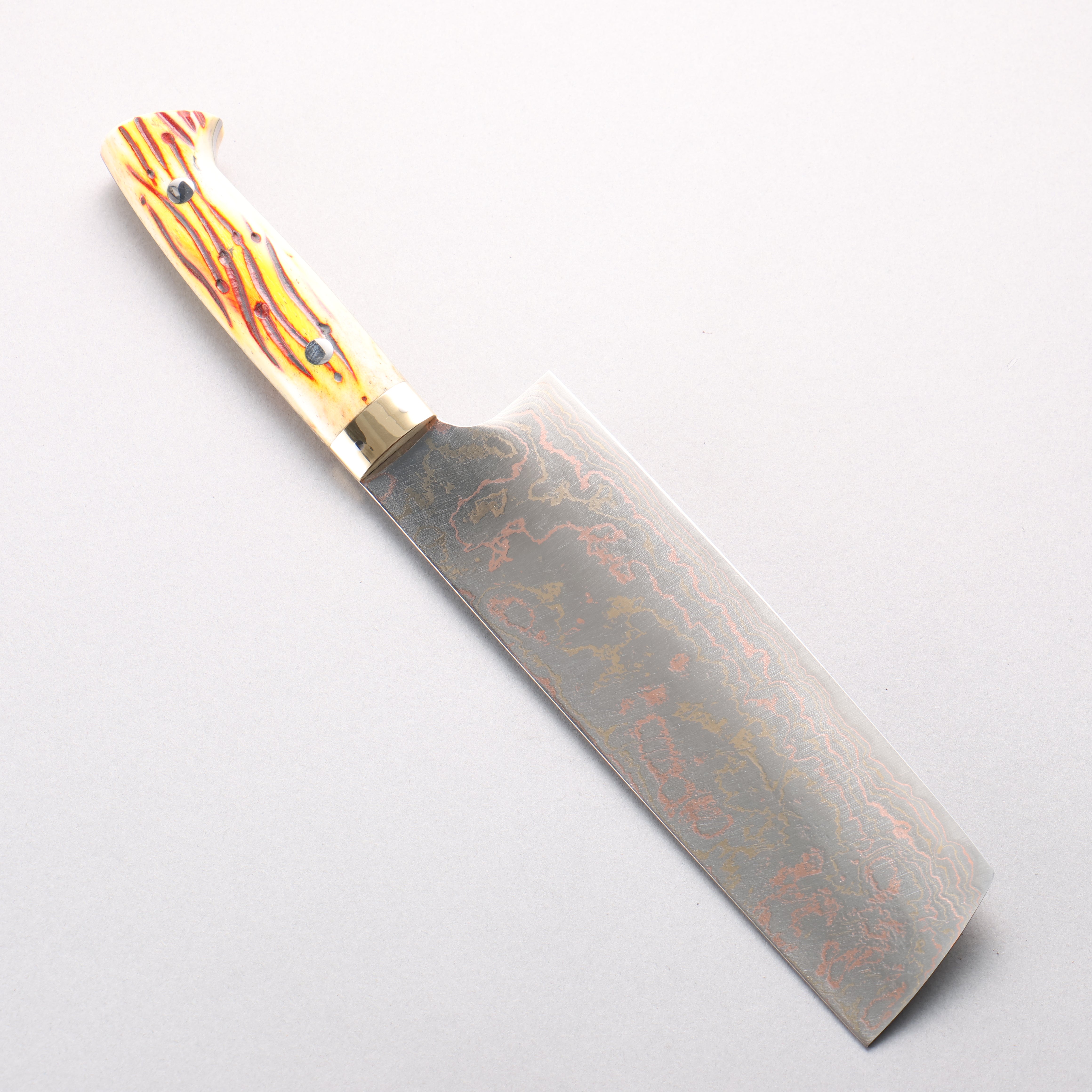 Takeshi Saji Blue Steel No.2 Colored Damascus Nakiri 165mm Orange Cow Bone Handle - Seisuke Knife