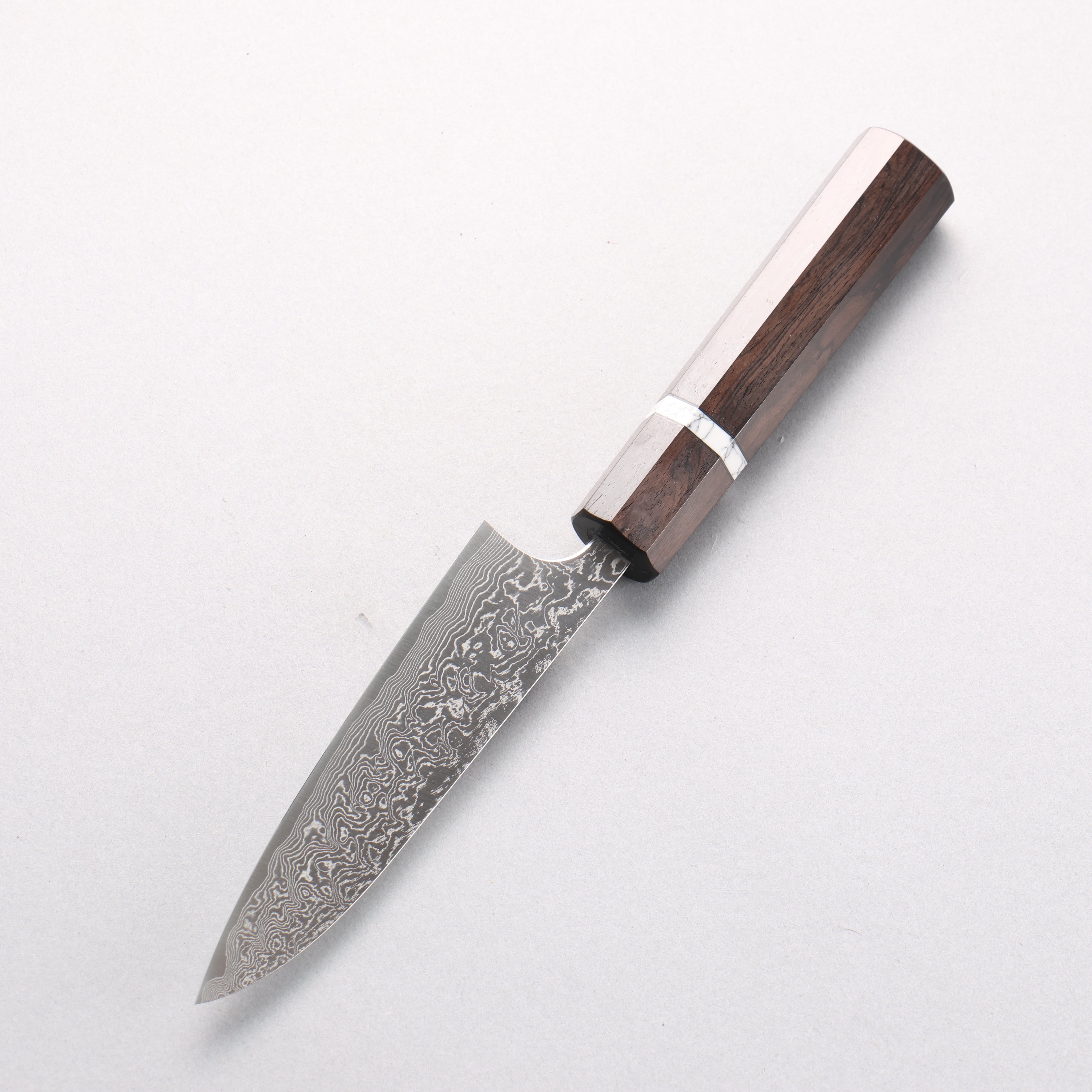 Anryu VG10 Migaki Damascus Petty-Utility 120mm Ebony Wood & White Turquoise Ring Handle - Seisuke Knife