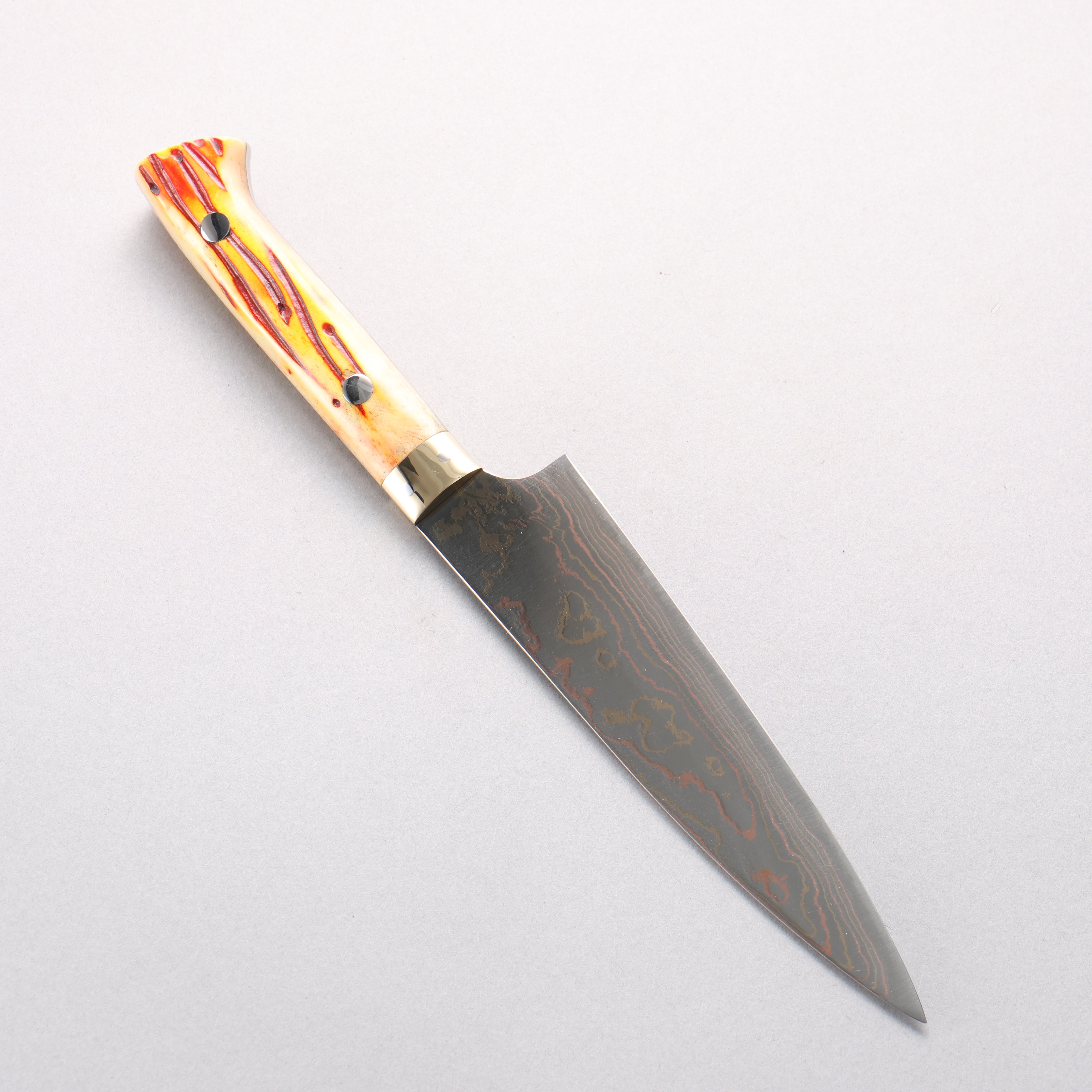 Takeshi Saji Blue Steel No.2 Colored Damascus Petty-Utility 150mm Orange Cow Bone Handle - Seisuke Knife