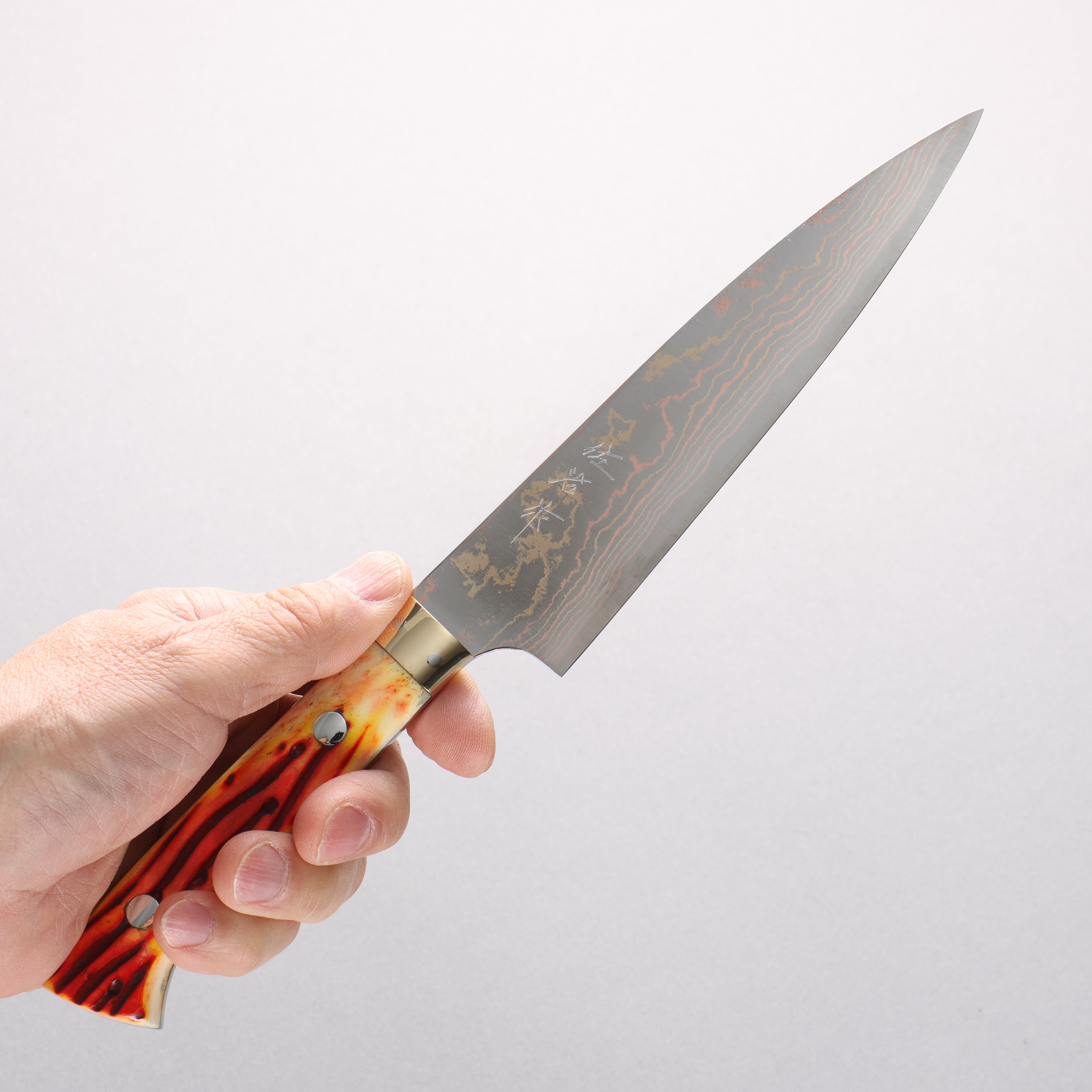 Takeshi Saji Blue Steel No.2 Colored Damascus Petty-Utility 150mm Orange Cow Bone Handle - Seisuke Knife