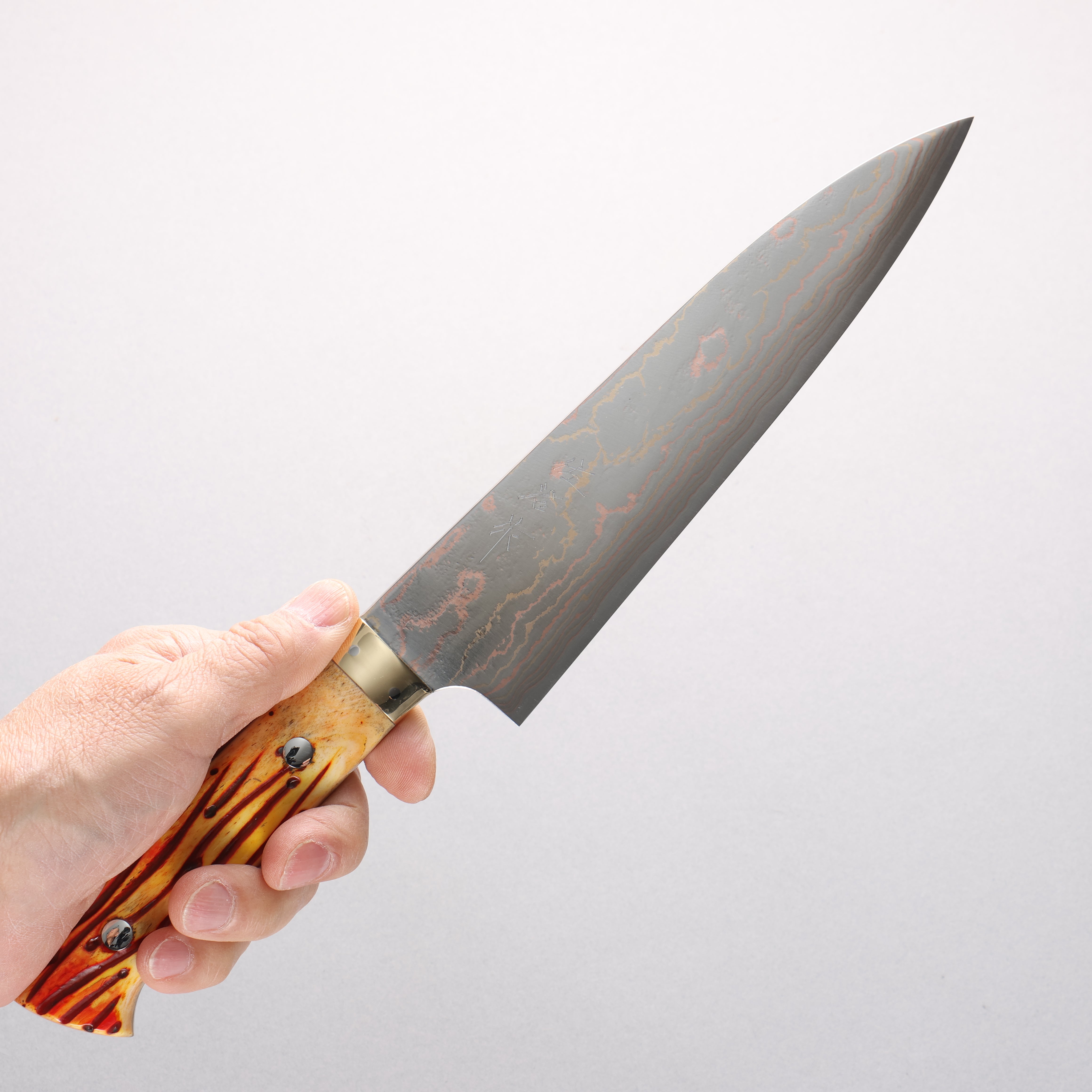 Takeshi Saji Blue Steel No.2 Colored Damascus Gyuto 180mm Orange Cow Bone Handle - Seisuke Knife