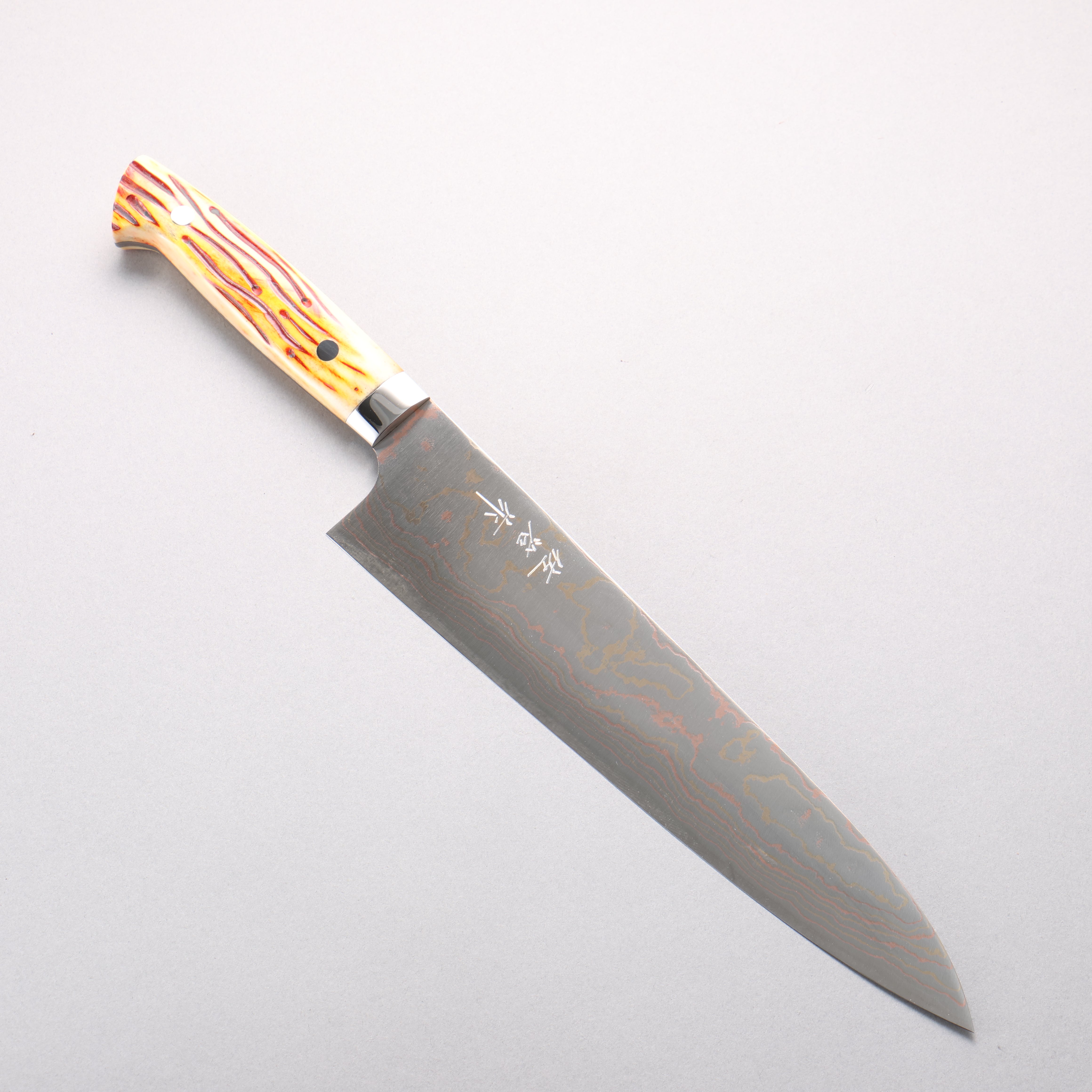 Takeshi Saji Blue Steel No.2 Colored Damascus Gyuto 240mm Orange Cow Bone Handle - Seisuke Knife