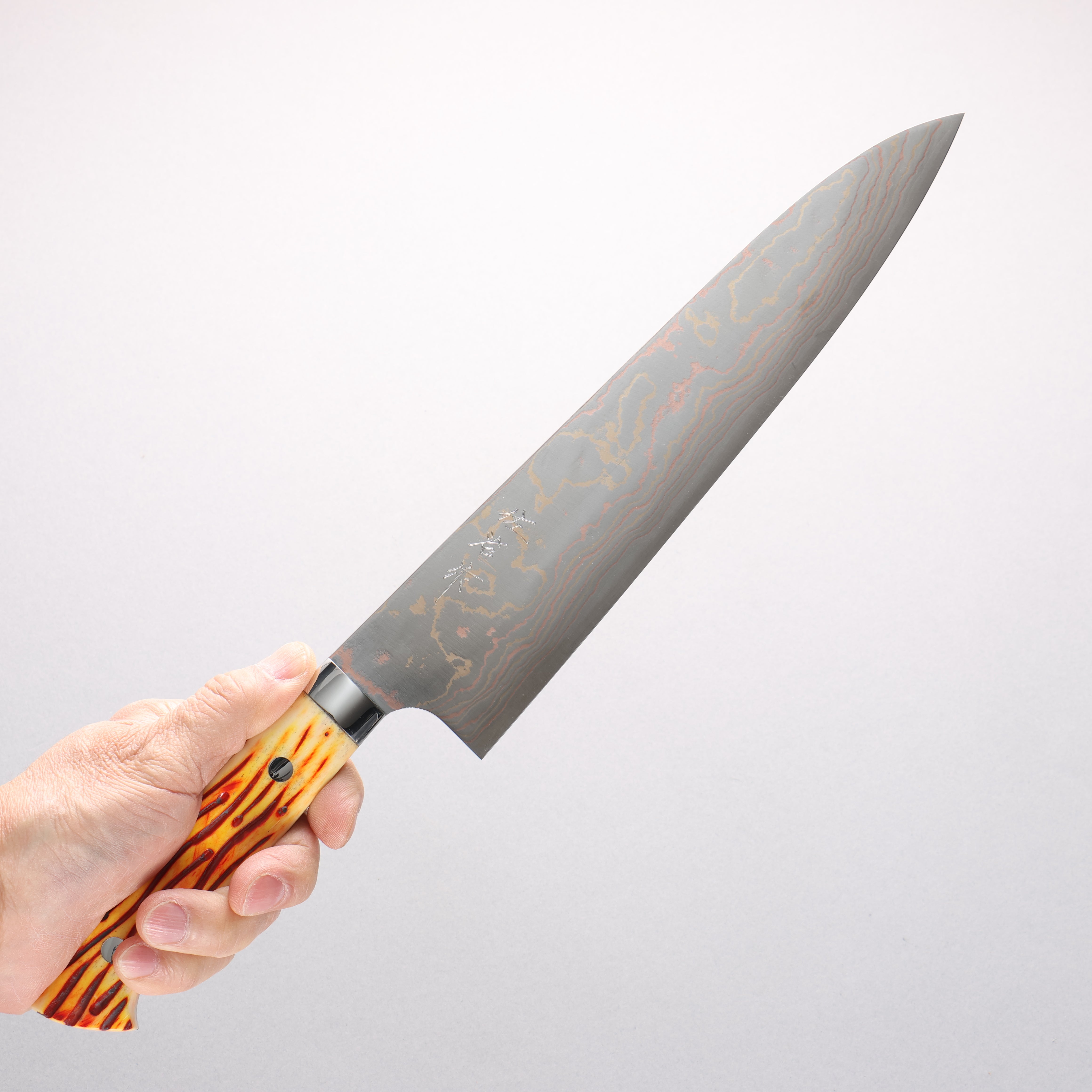 Takeshi Saji Blue Steel No.2 Colored Damascus Gyuto 240mm Orange Cow Bone Handle - Seisuke Knife