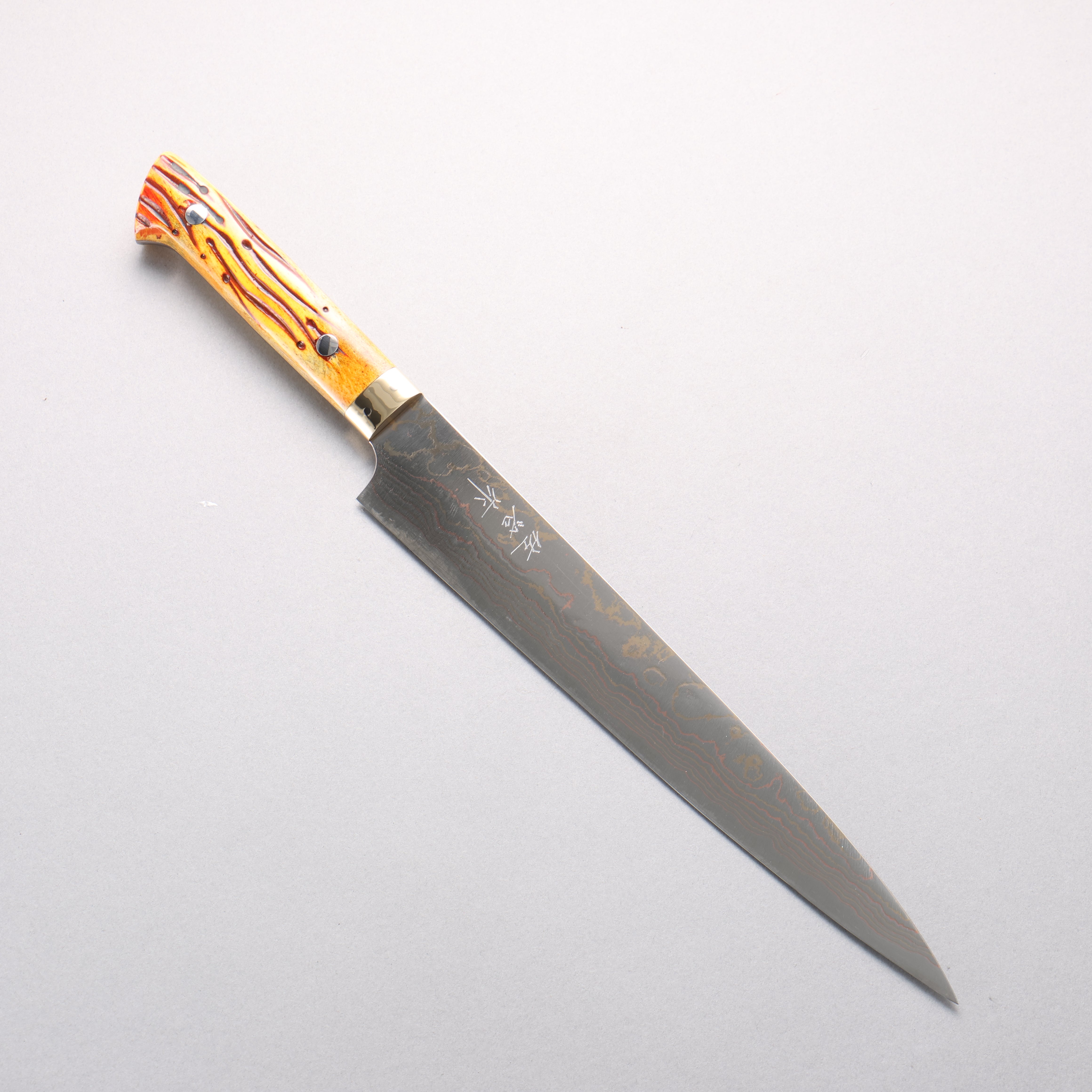 Takeshi Saji Blue Steel No.2 Colored Damascus Sujihiki 240mm Orange Cow Bone Handle - Seisuke Knife
