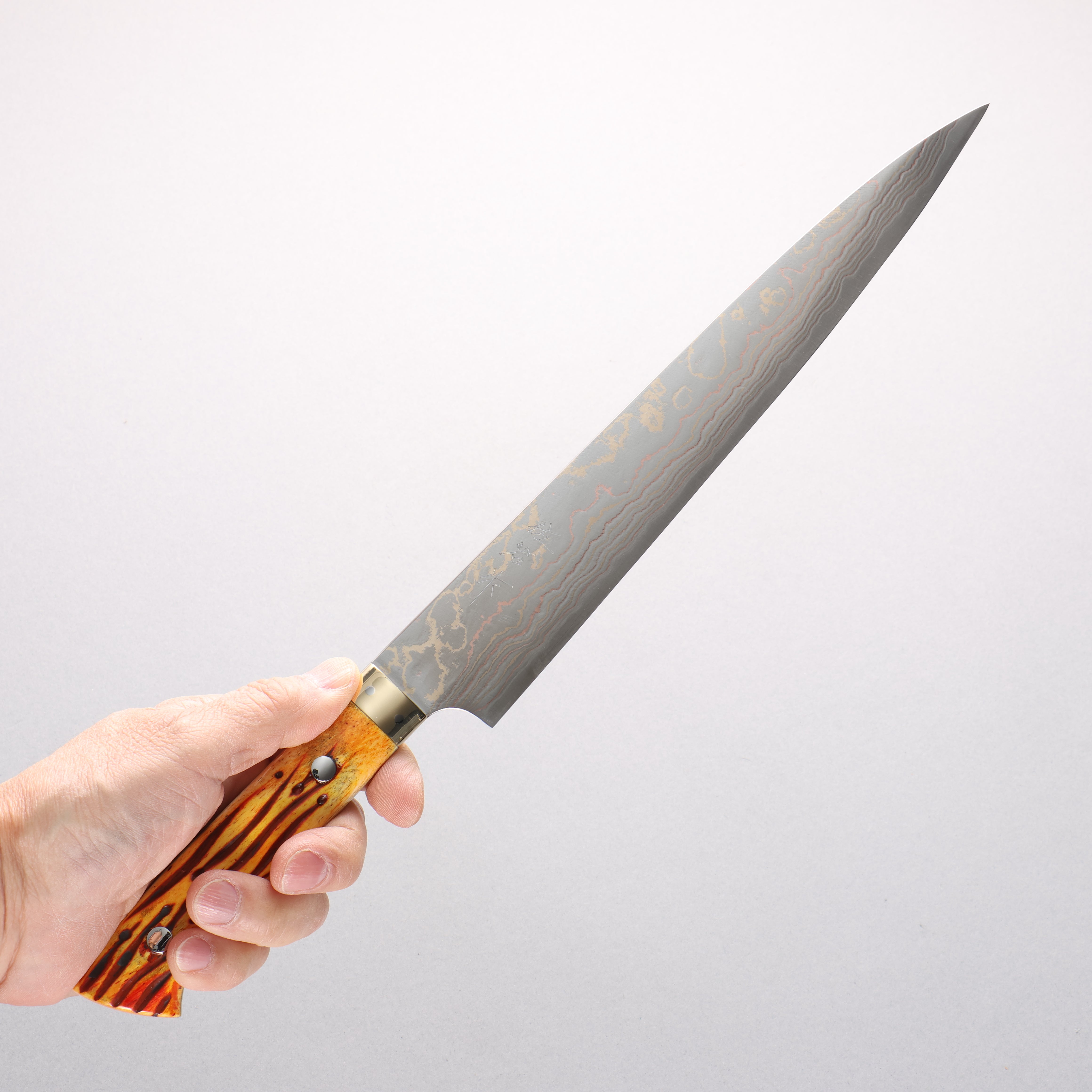 Takeshi Saji Blue Steel No.2 Colored Damascus Sujihiki 240mm Orange Cow Bone Handle - Seisuke Knife