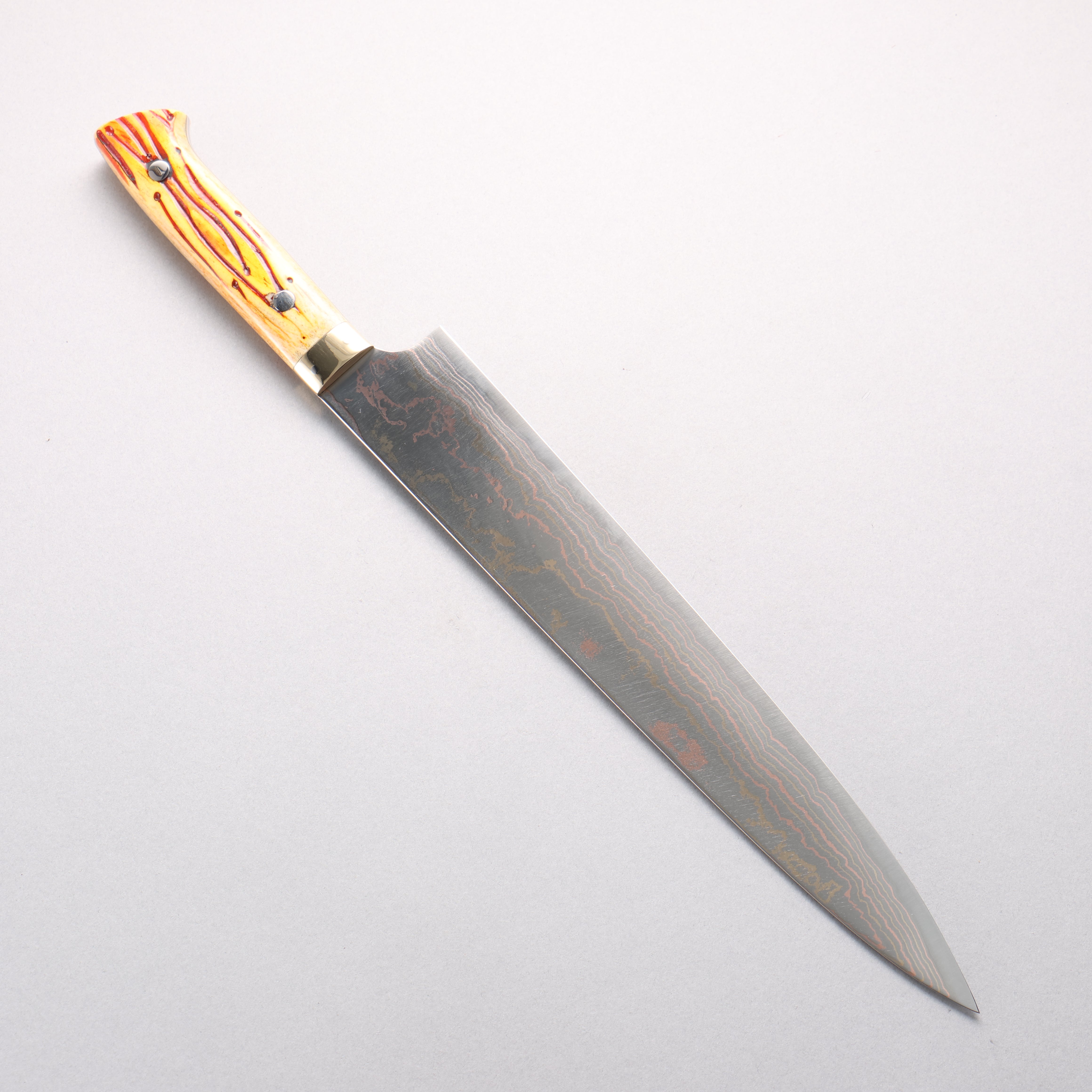 Takeshi Saji Blue Steel No.2 Colored Damascus Sujihiki 270mm Orange Cow Bone Handle - Seisuke Knife