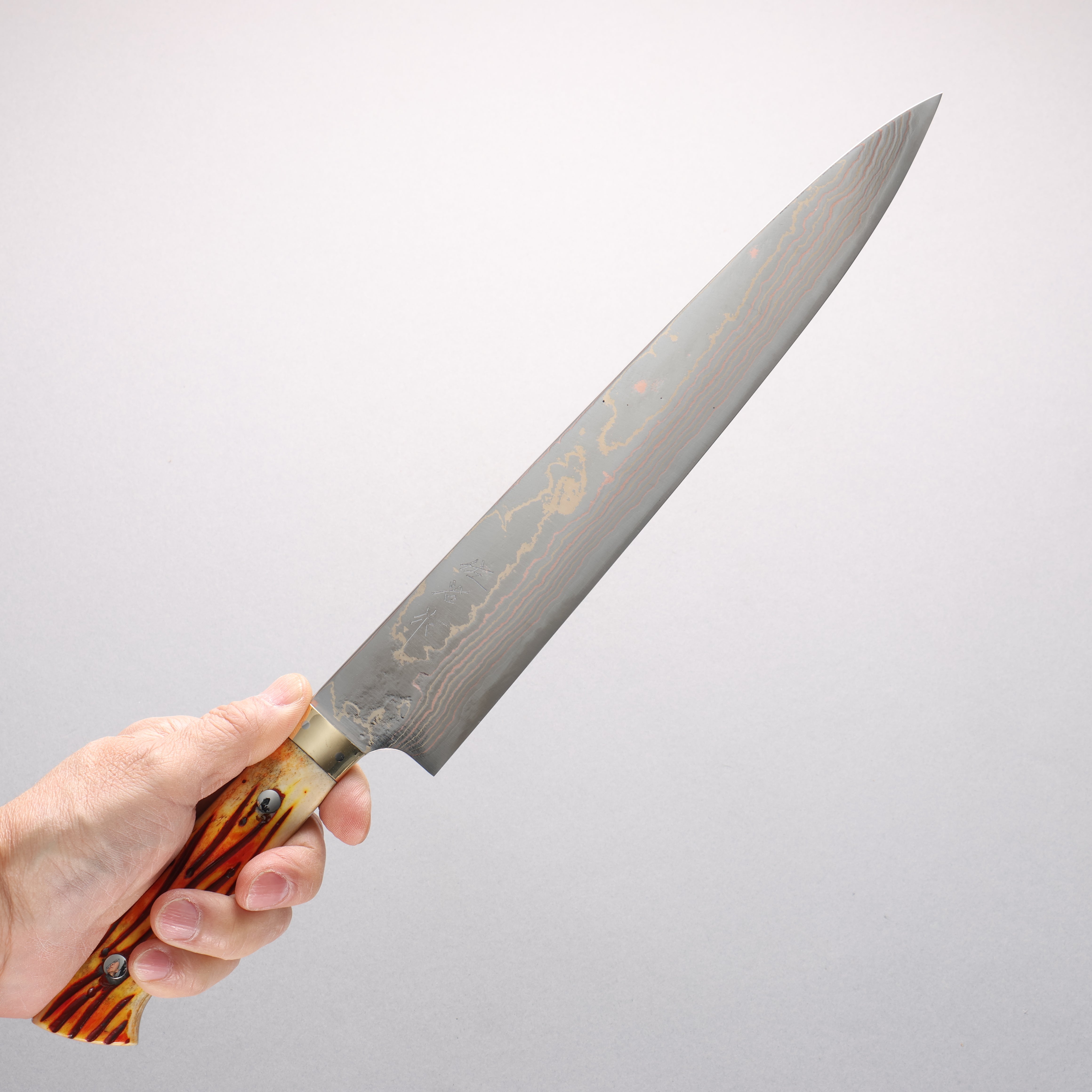 Takeshi Saji Blue Steel No.2 Colored Damascus Sujihiki 270mm Orange Cow Bone Handle - Seisuke Knife