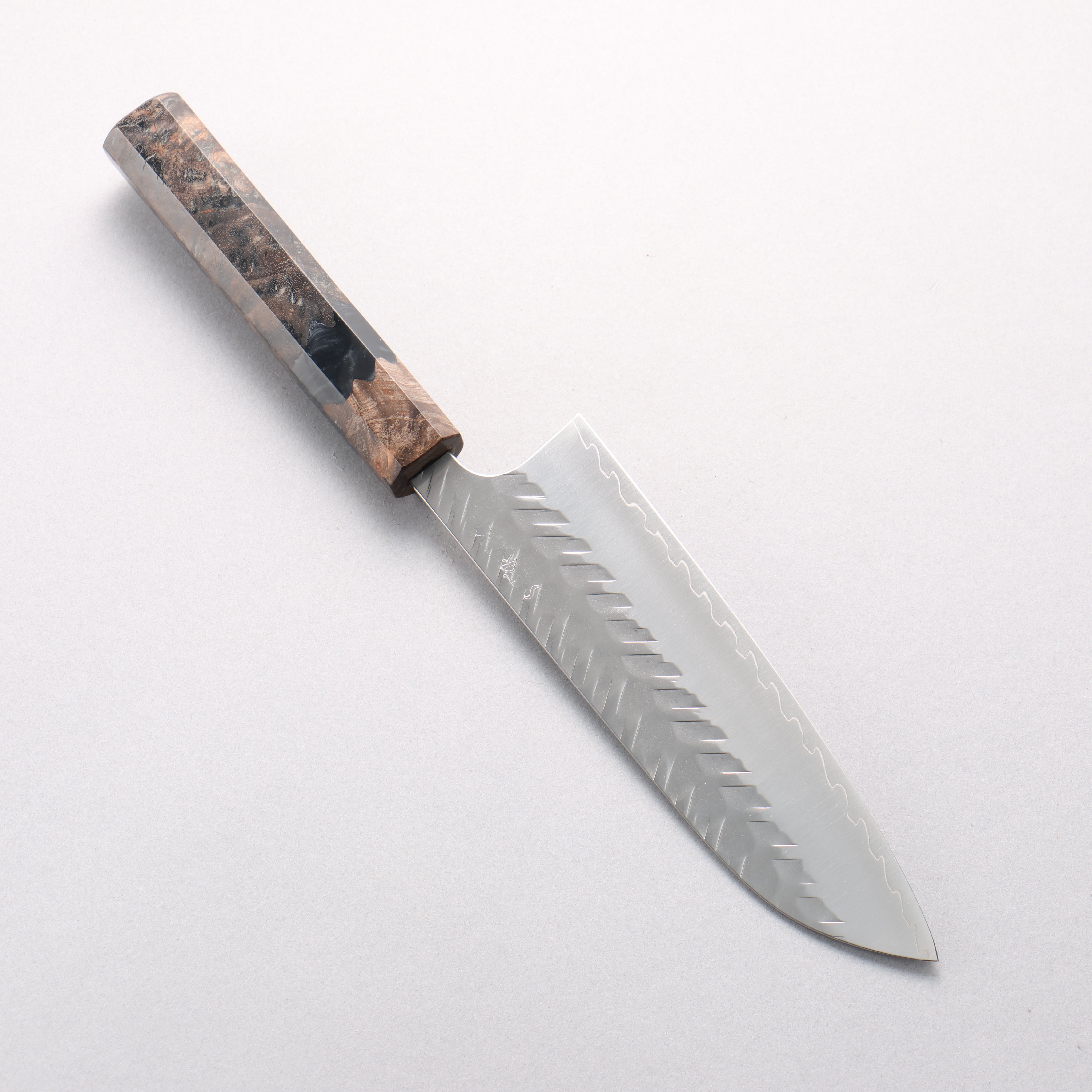 Yoshimi Kato SPG STRIX V-Hammered Santoku 170mm Stabilized Birch & Black Resin Handle - Seisuke Knife