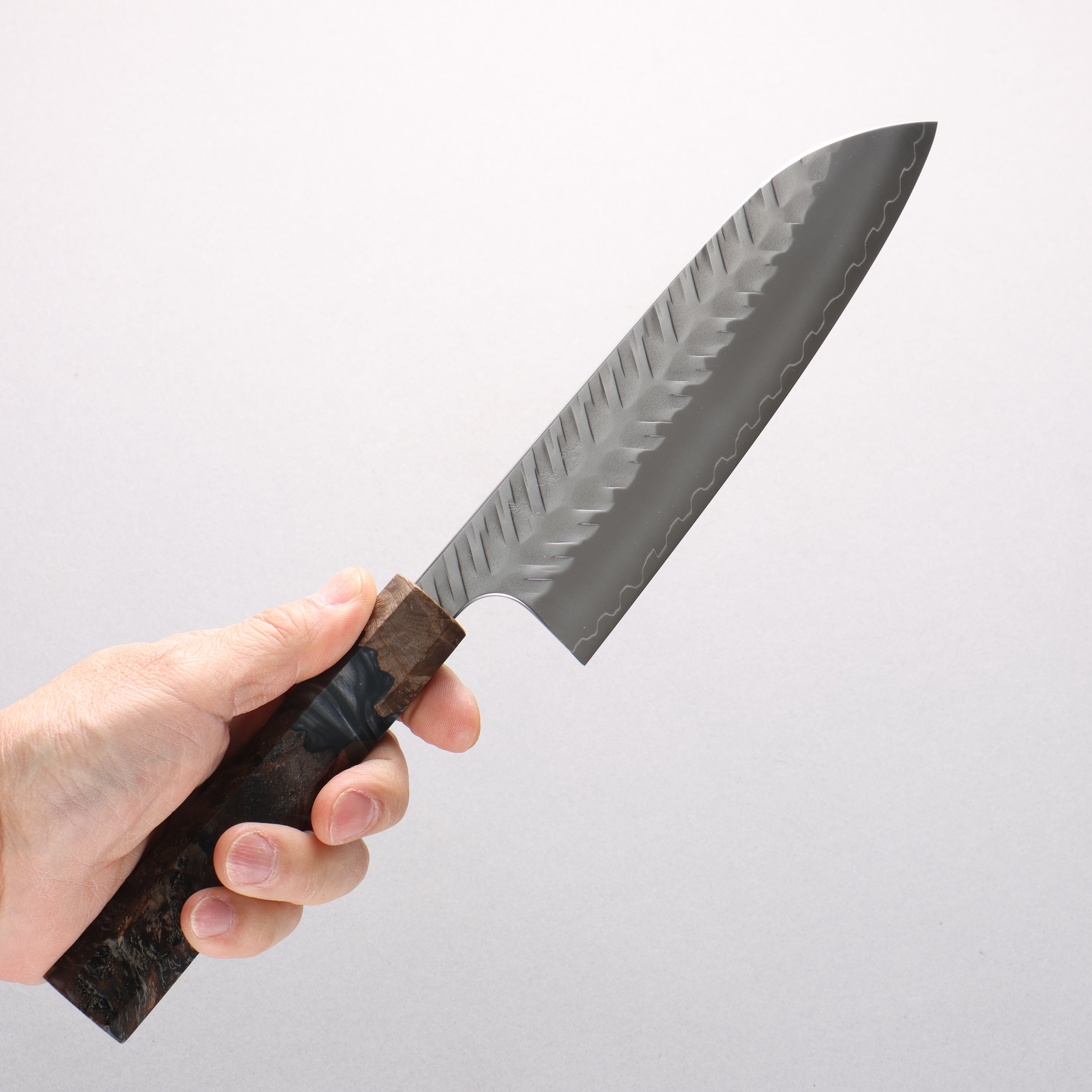 Yoshimi Kato SPG STRIX V-Hammered Santoku 170mm Stabilized Birch & Black Resin Handle - Seisuke Knife