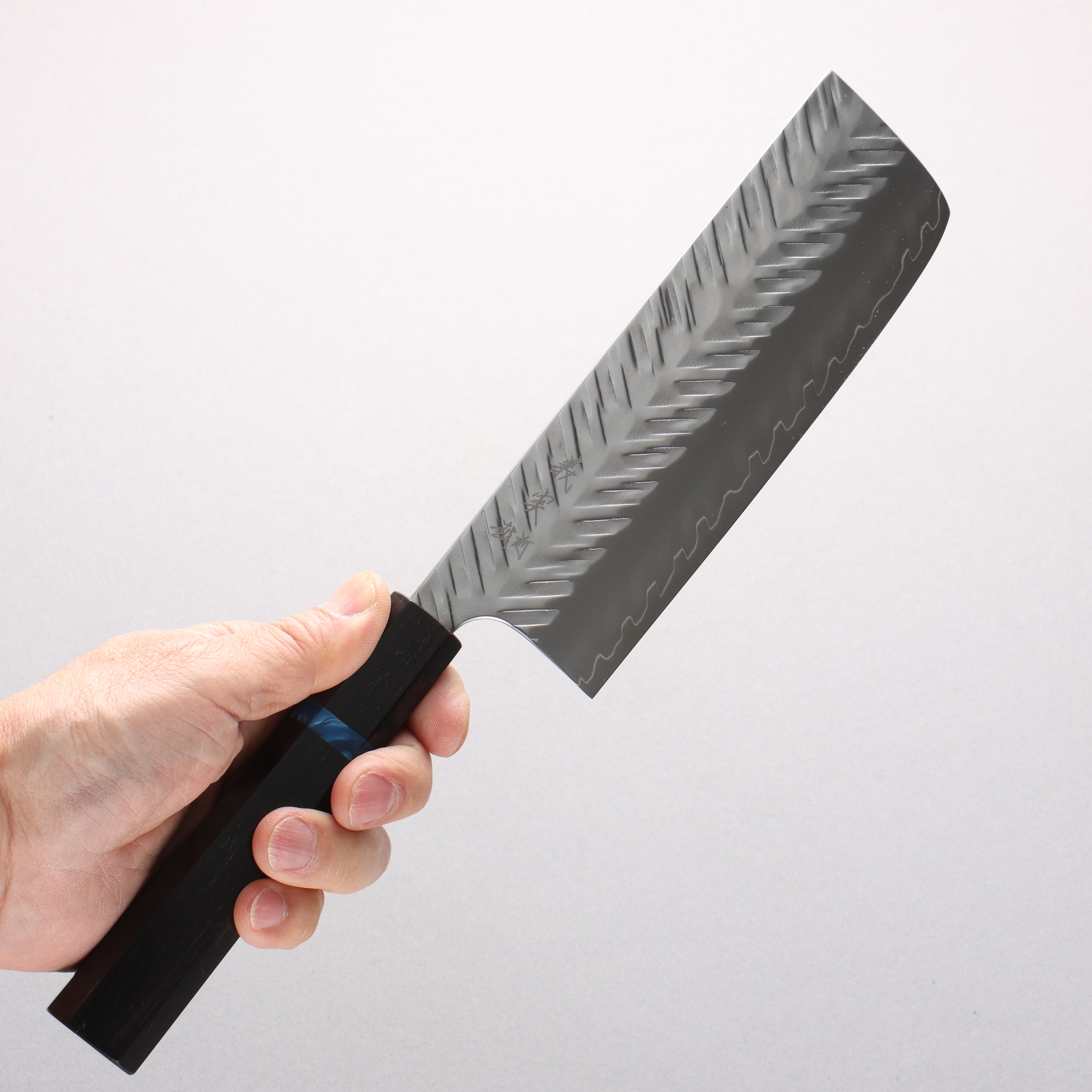 Yoshimi Kato SPG STRIX V-Hammered Nakiri 165mm Ebony Wood & Blue Ring Handle - Seisuke Knife