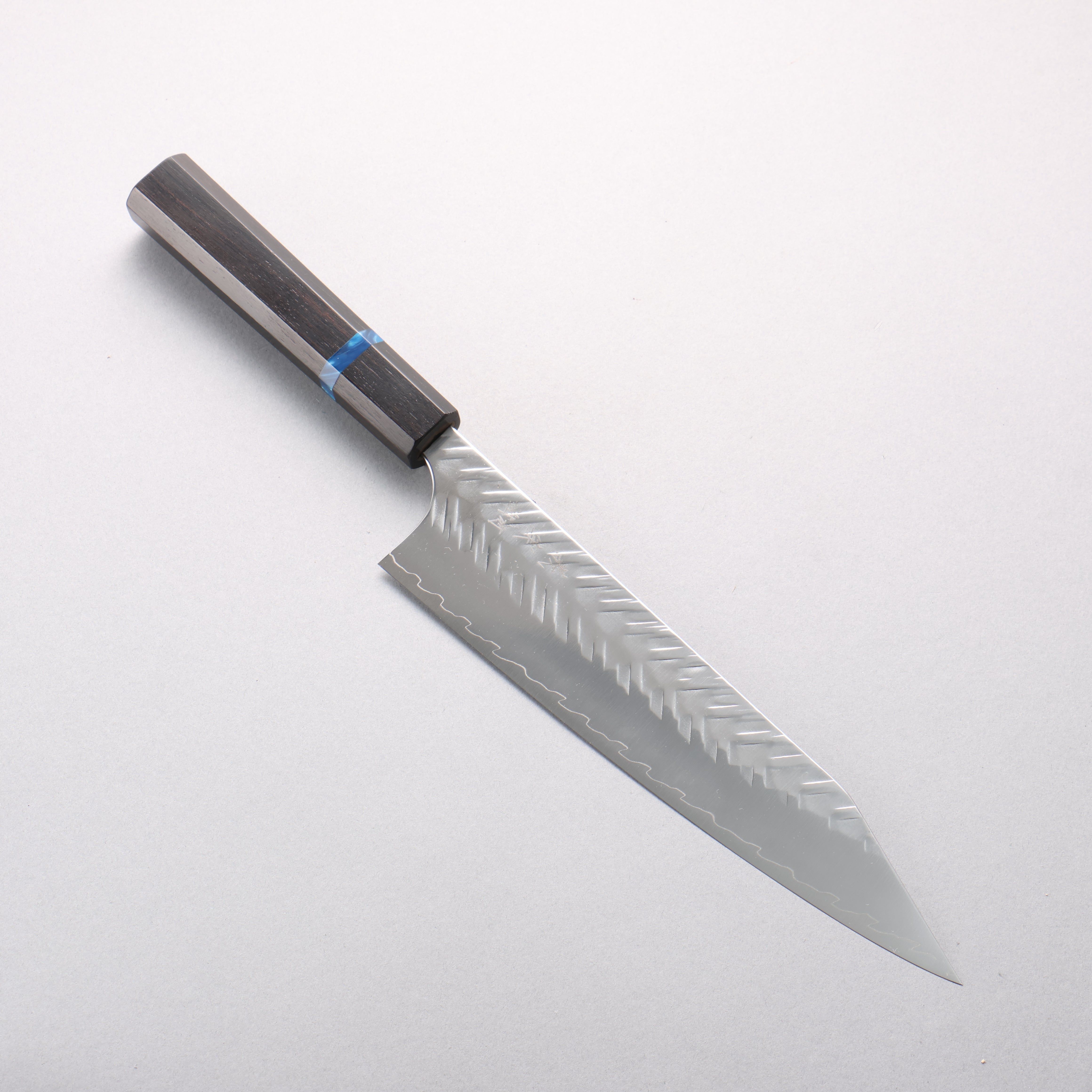 Yoshimi Kato SPG STRIX V-Hammered Kiritsuke Gyuto 210mm Ebony & Blue Ring Handle - Seisuke Knife