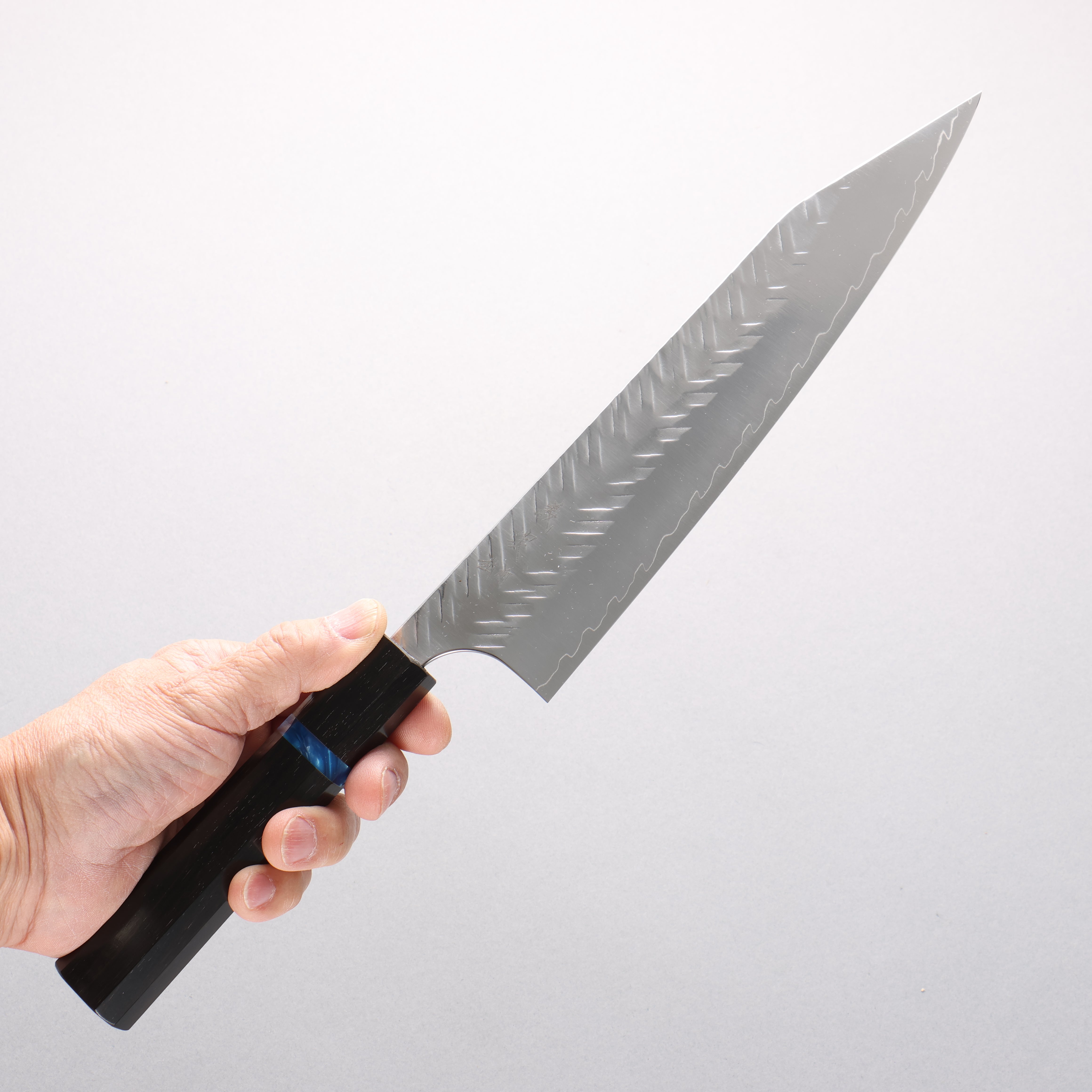 Yoshimi Kato SPG STRIX V-Hammered Kiritsuke Gyuto 210mm Ebony & Blue Ring Handle - Seisuke Knife