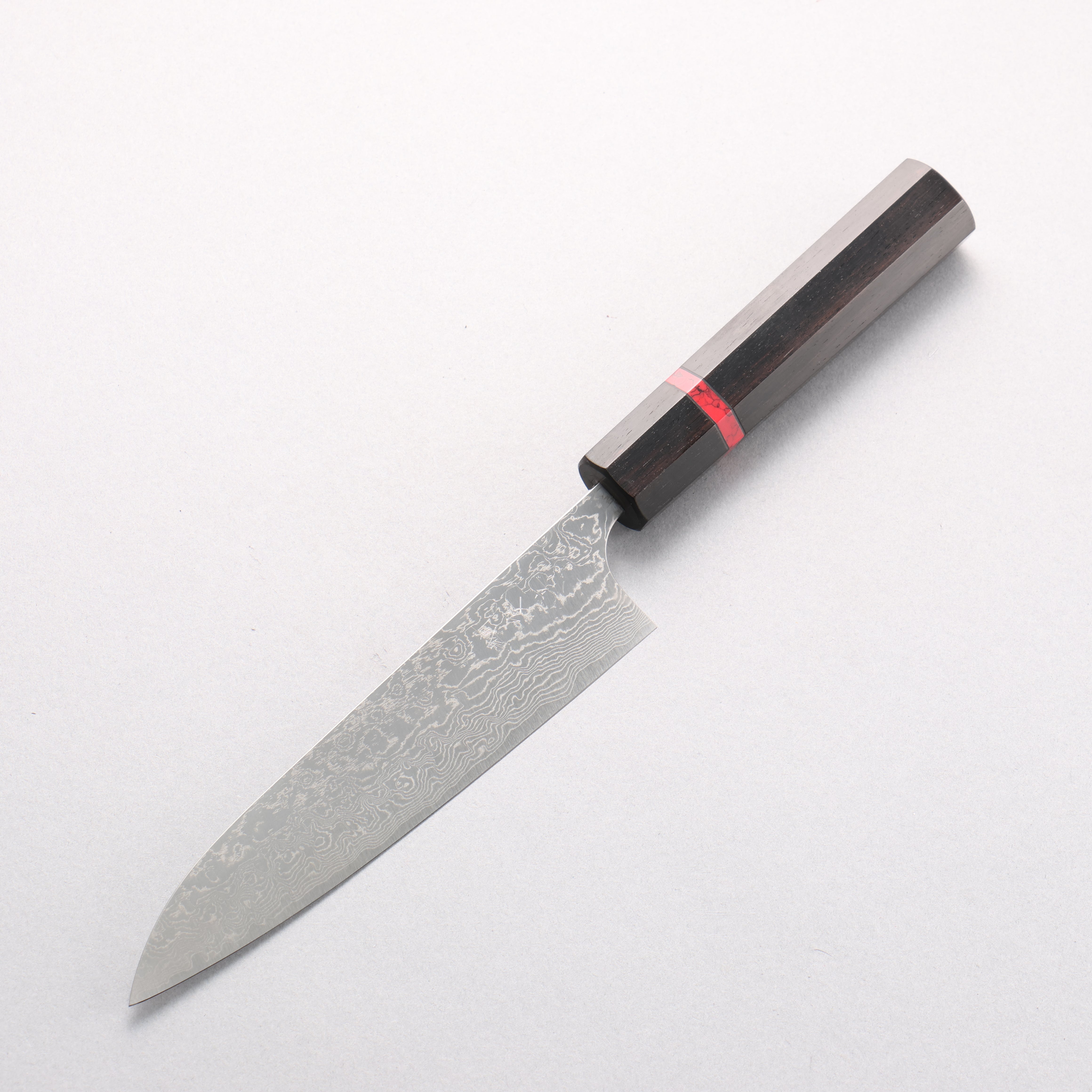 Anryu VG10 Migaki Damascus Petty-Utility 150mm Ebony Wood & Red Turquoise Ring Handle - Seisuke Knife