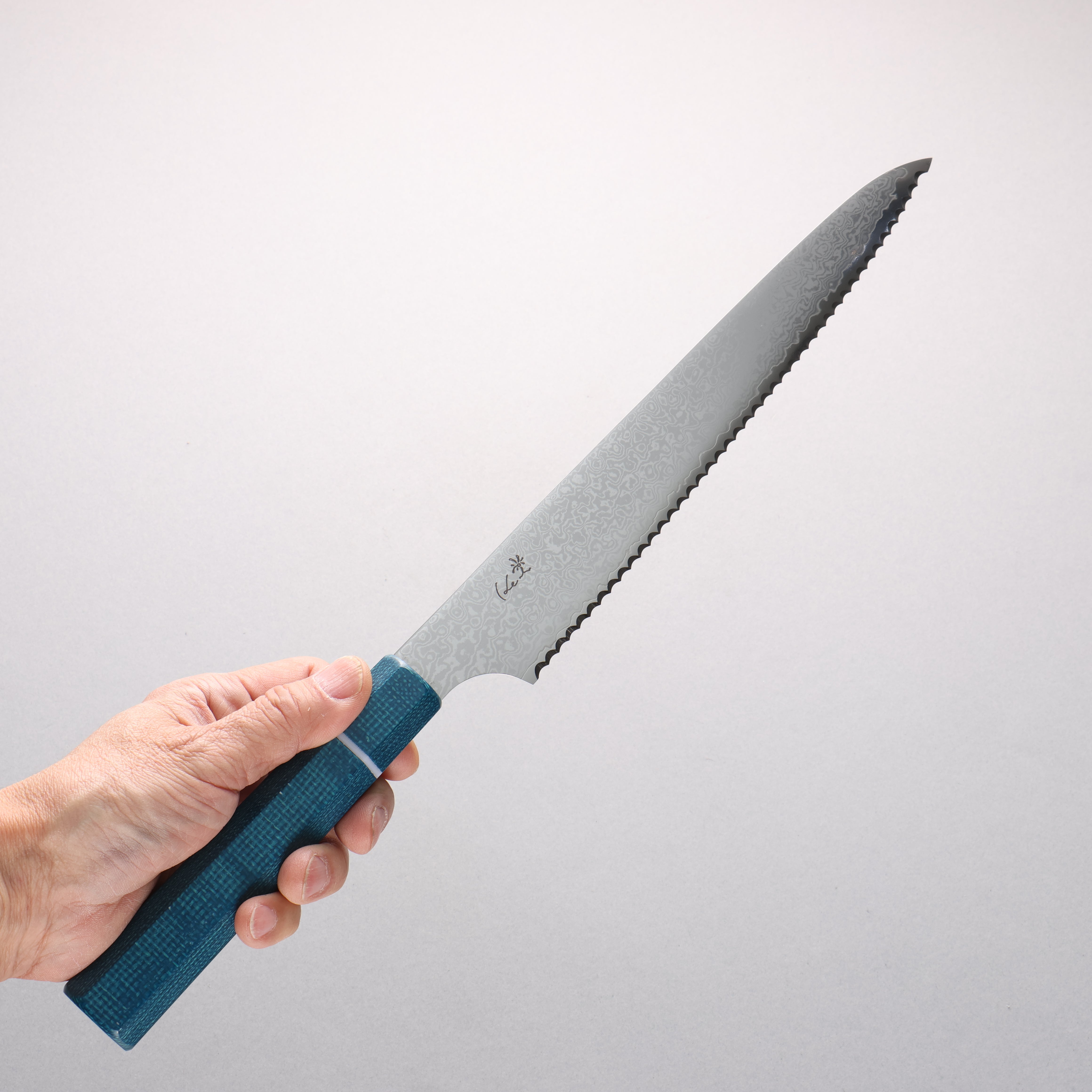 Kei VG10 Damascus Bread Slicer 240mm Blue Micarta Handle - Seisuke Knife